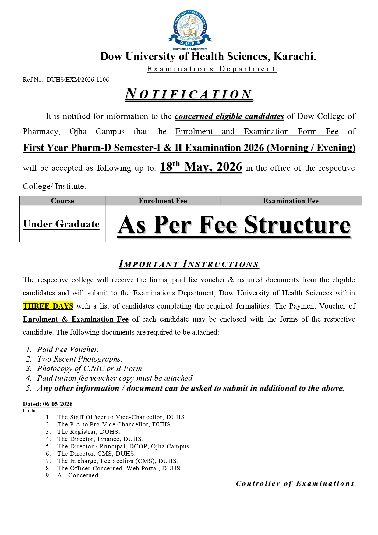 DUHS Enrolment & Exam Form Fee Notice 2026 for Pharm-D Announced