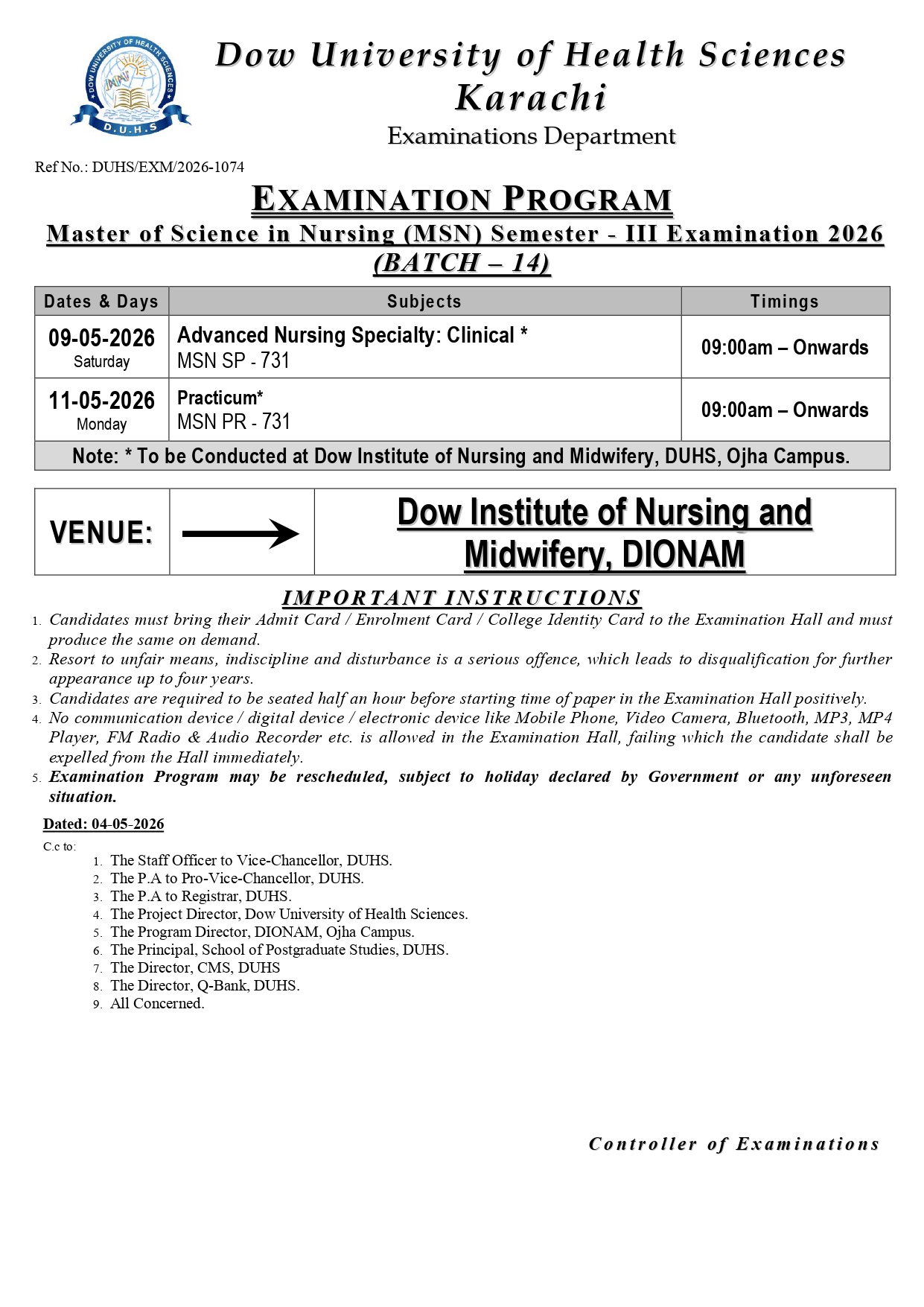 DUHS Date Sheet 2026 Announced for MSN Semester III Batch 14