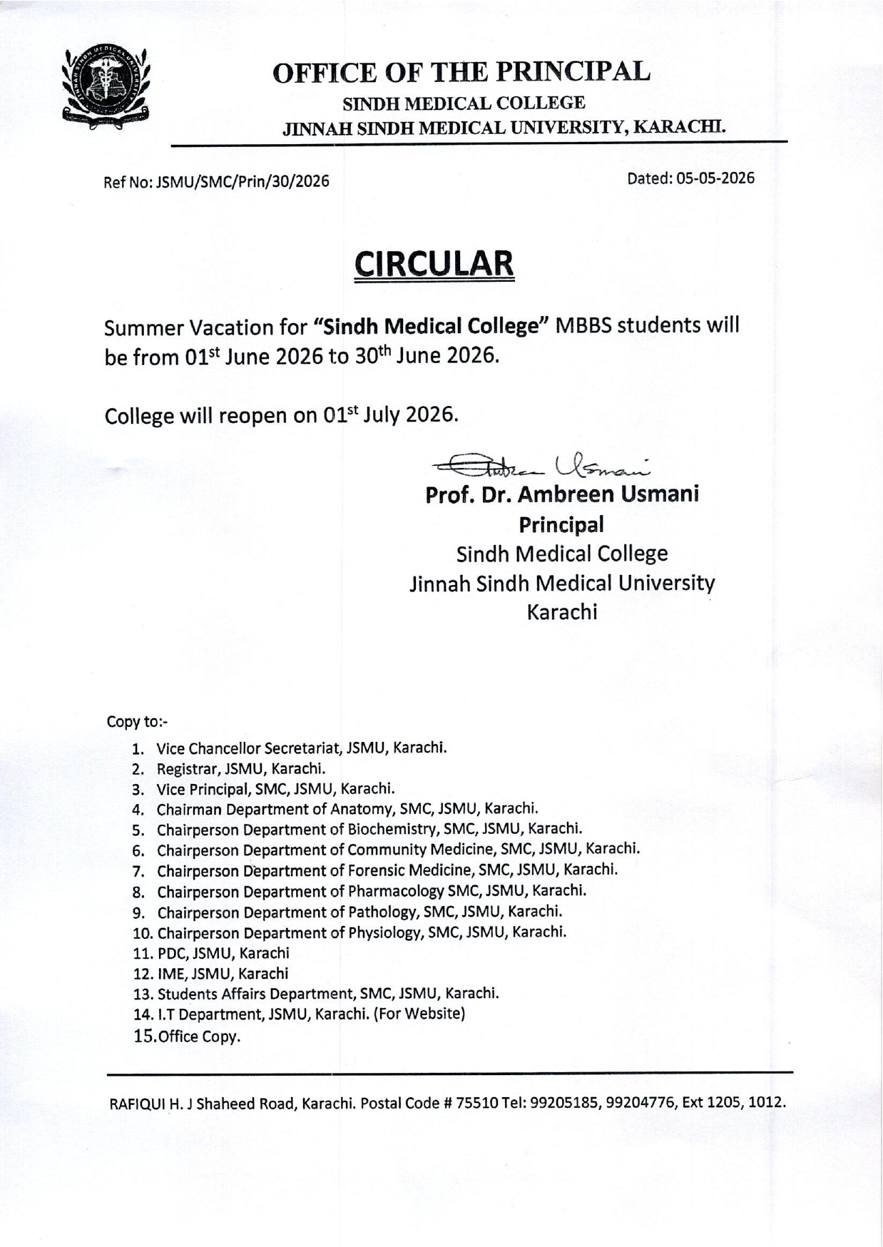 JSMU Summer Vacations Notice 2026 for MBBS Students Announced