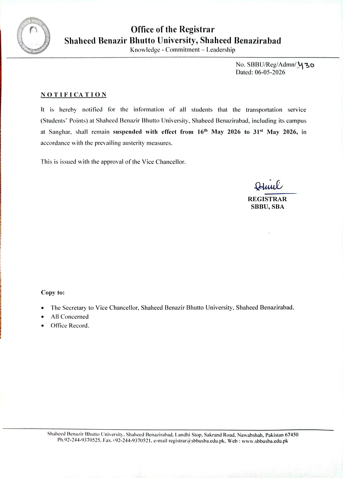 SBBU Transport Suspension Notice 2026 for All Students Announced
