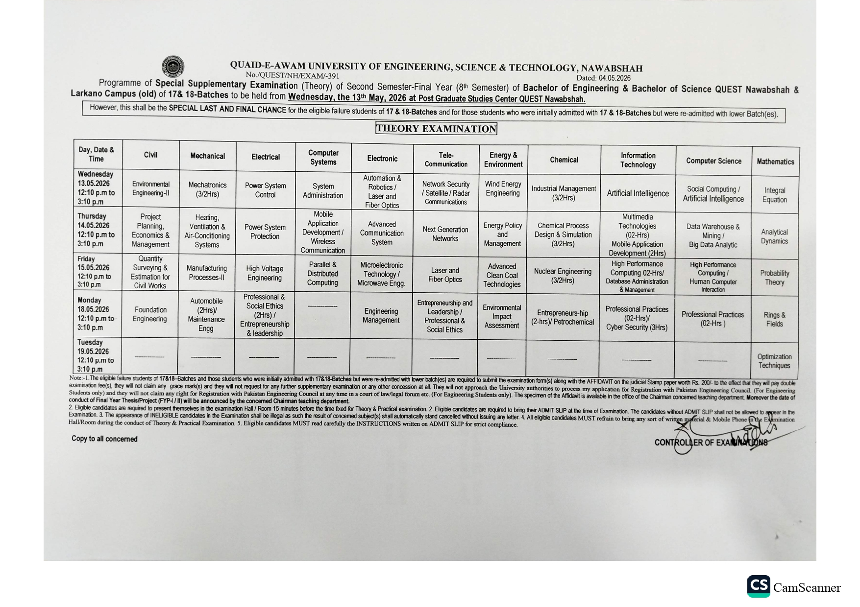 QUEST Date Sheet 2026 for BE & BS Special Supplementary Exams Announced