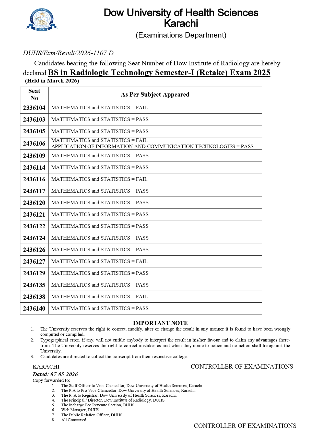 DUHS BSRT Retake Result 2026 Announced