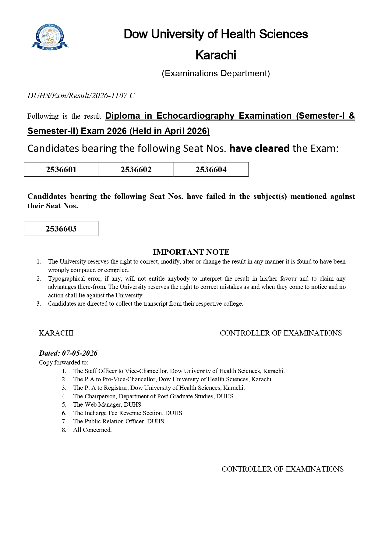 DUHS Diploma in Echocardiography Result 2026 Released