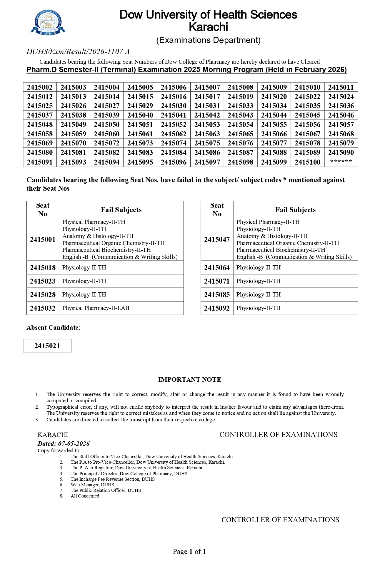 DUHS Releases Result 2026 for PharmD Morning & Evening Programs