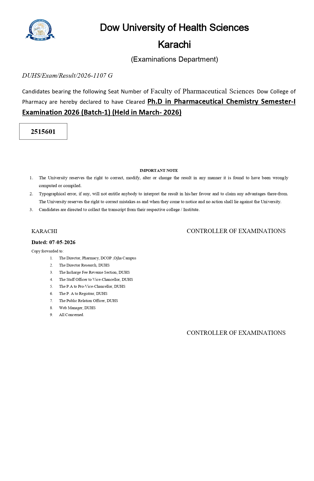 DUHS PhD Programs Exams Result 2026 Announced