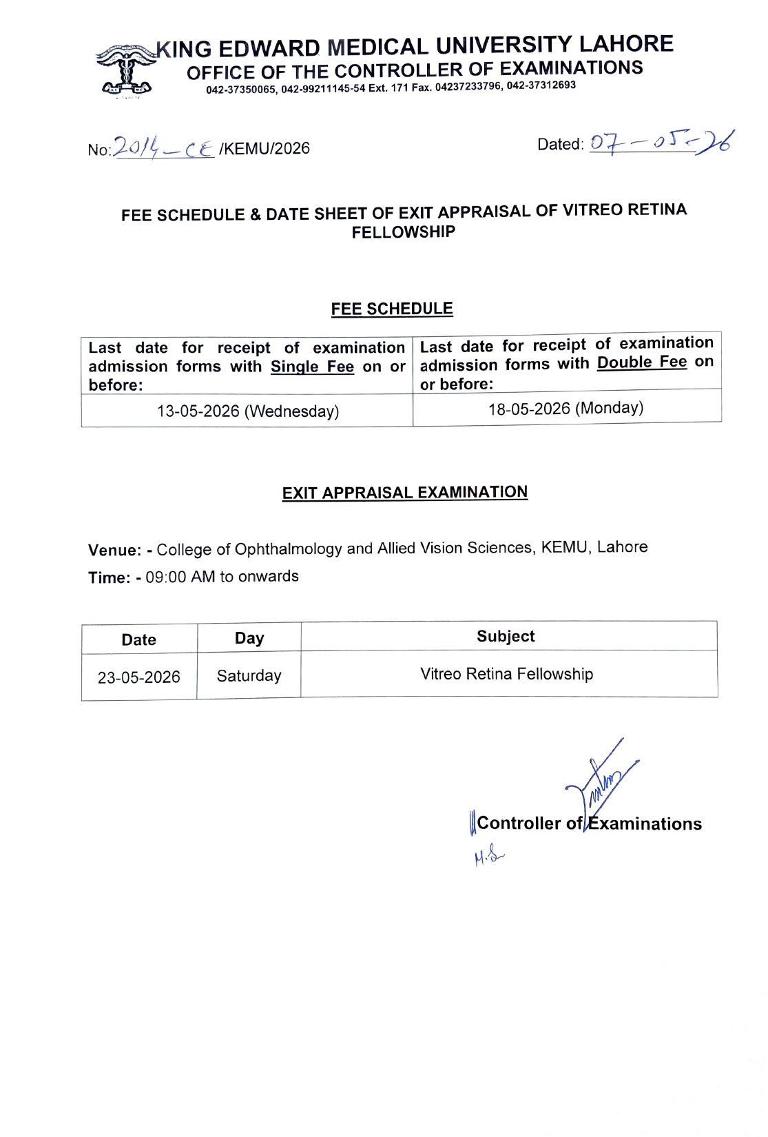 KEMU Announces Fee Schedule & Date Sheet 2026
