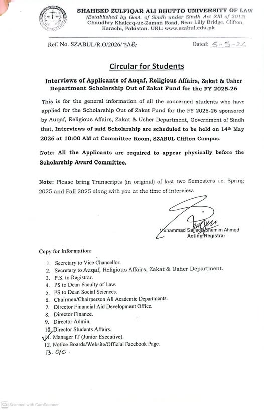 SZABUL Scholarship Interview 2026 Schedule Announced
