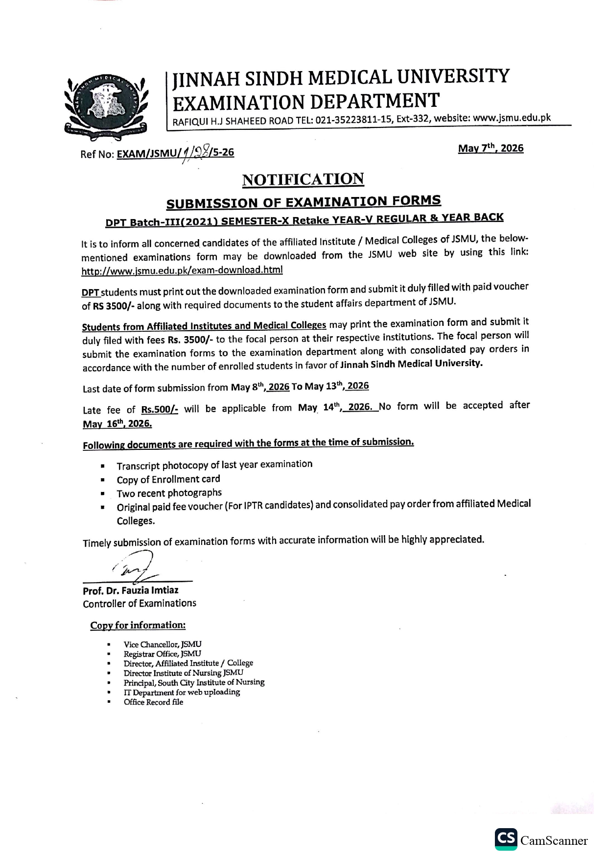 JSMU Exam Form Submission Notice for DPT Semester X Exams 2026 Released
