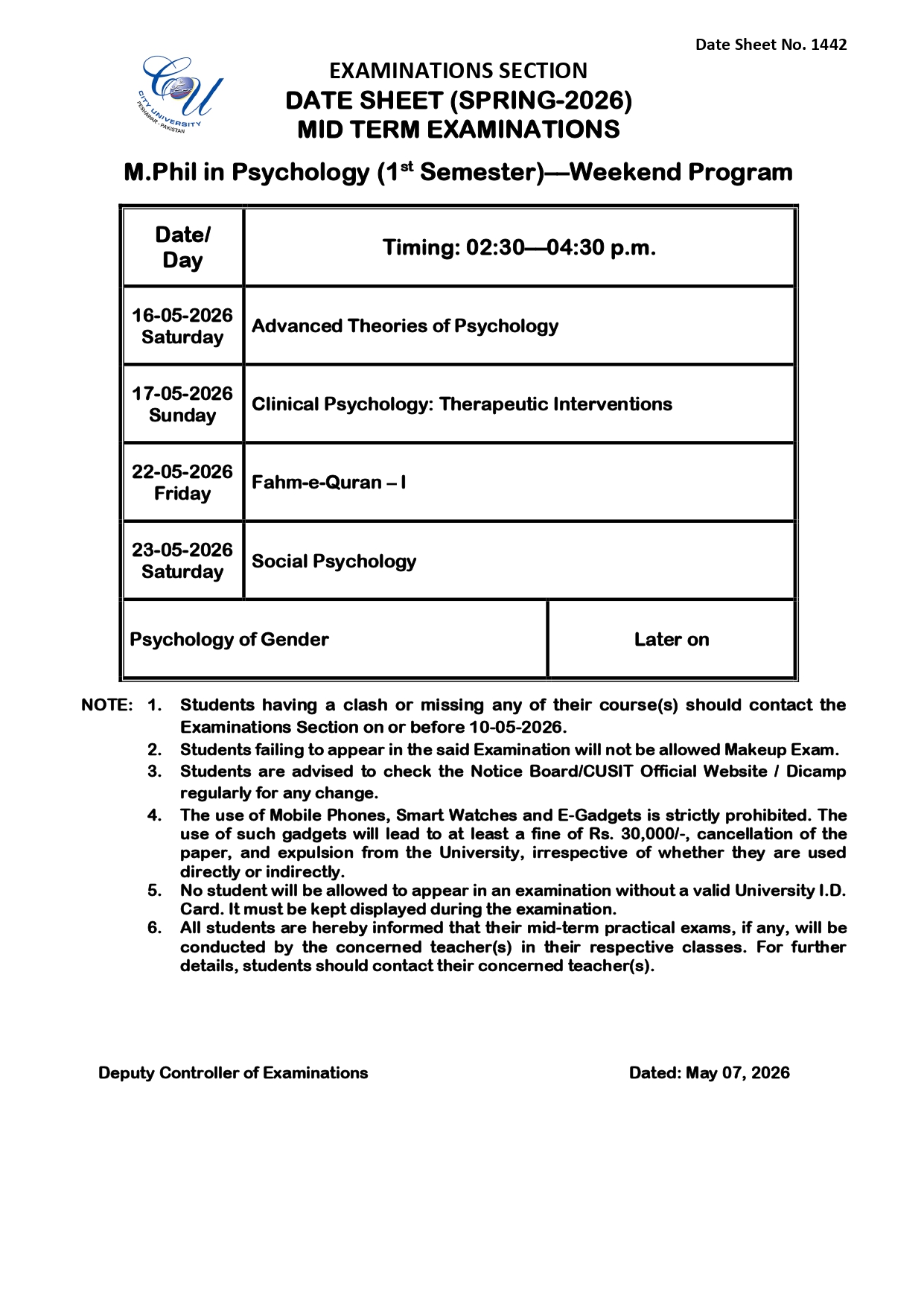 CUSIT Date Sheet 2026 for MPhil Psychology Mid Term Exams Released