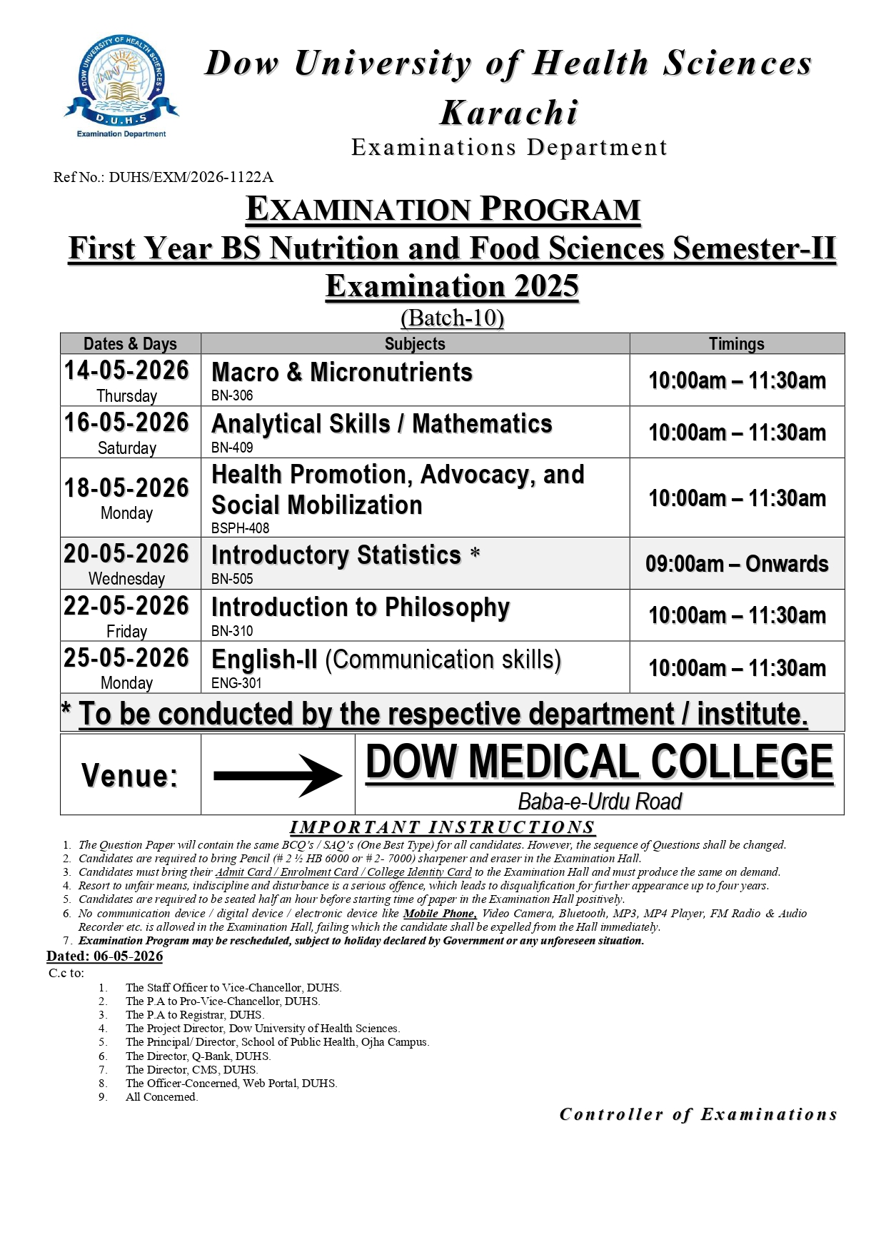 DUHS BSNFS Semester II Date Sheet 2026 Announced