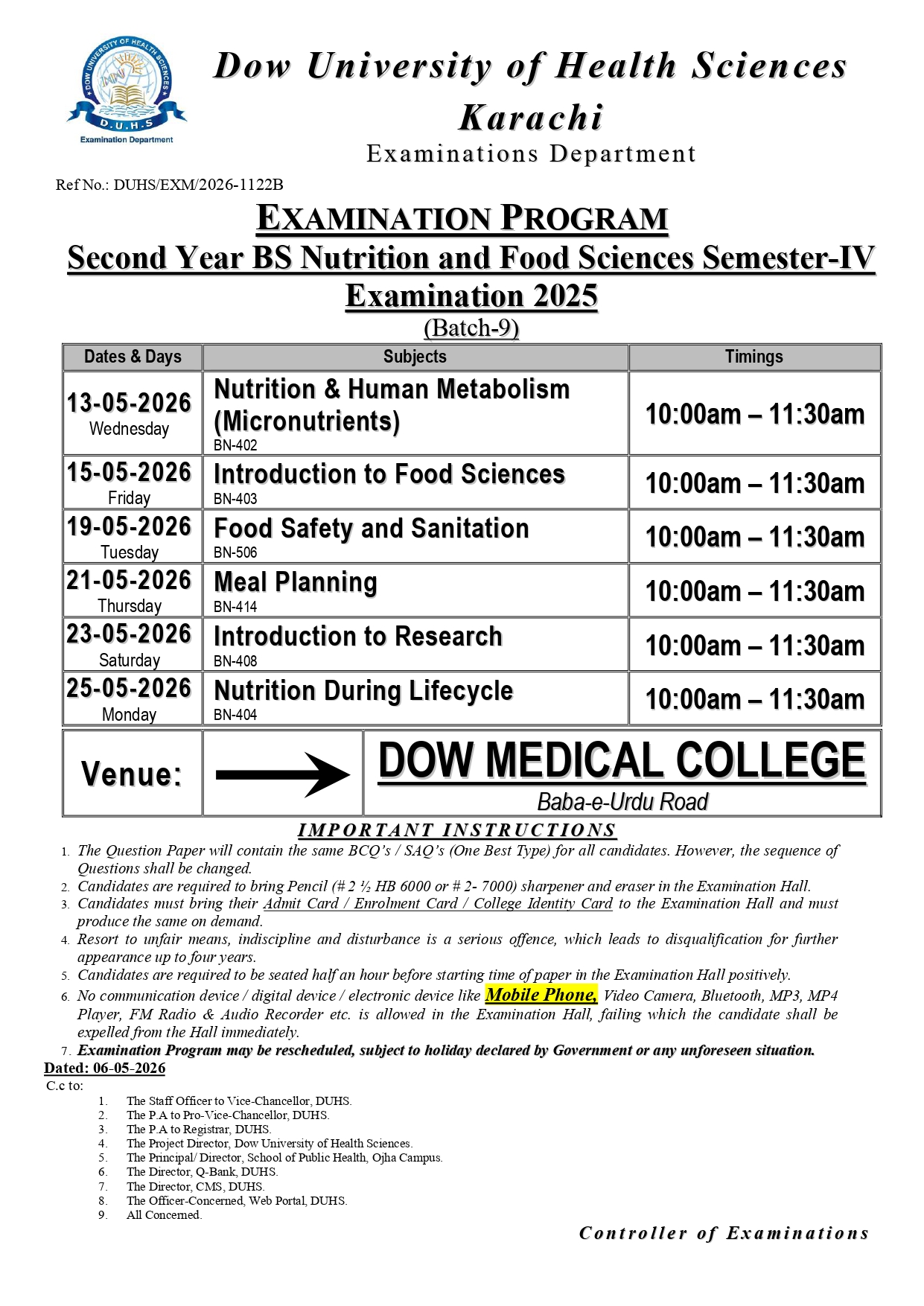 DUHS Date Sheet 2026 for 2nd Year BSNFS Semester IV Batch IX Exams Released