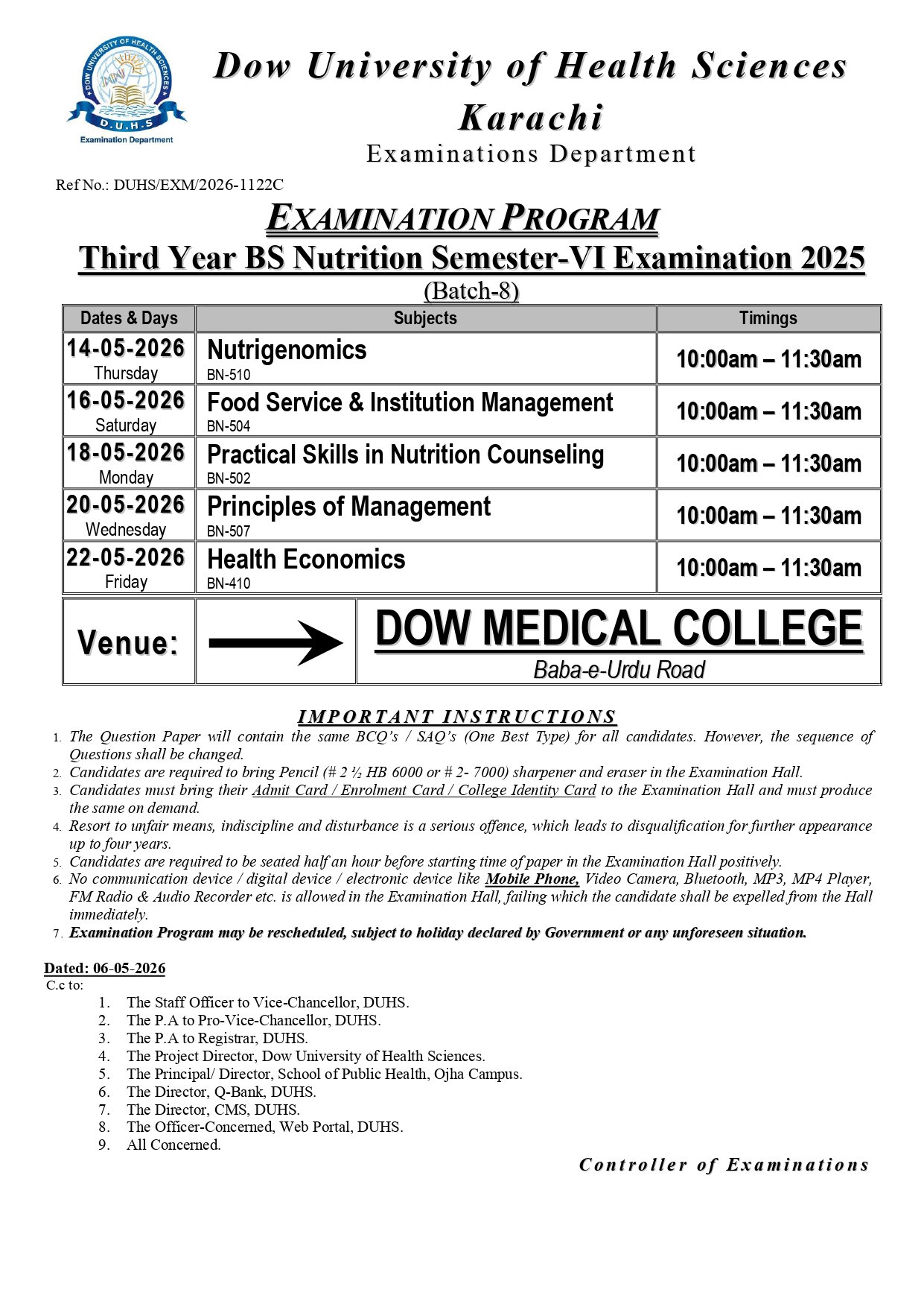 DUHS Date Sheet 2026 for BS Nutrition 3rd Year Semester VI Exams Released