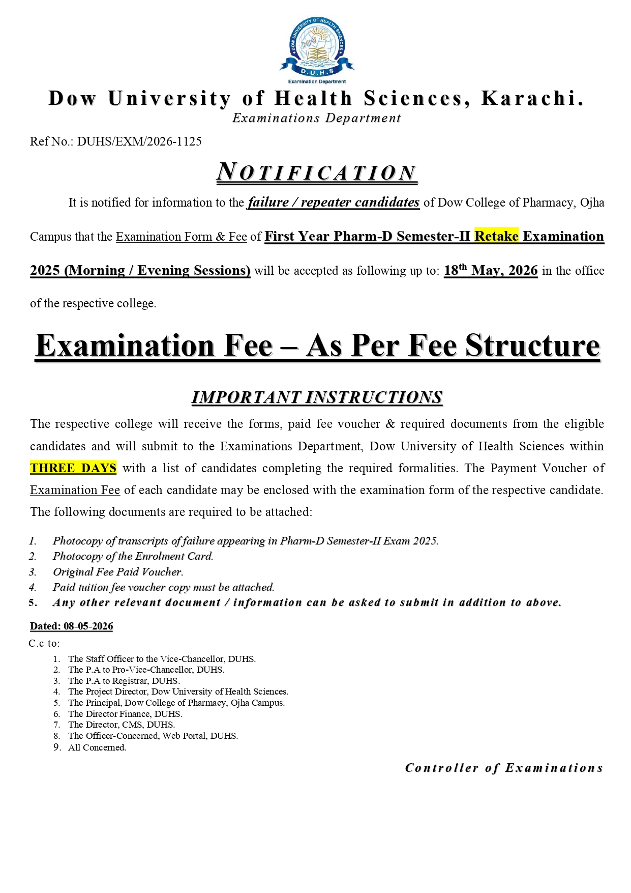 DUHS Exam Form & Fee Notice 2026 for PharmD Retake Exams Announced