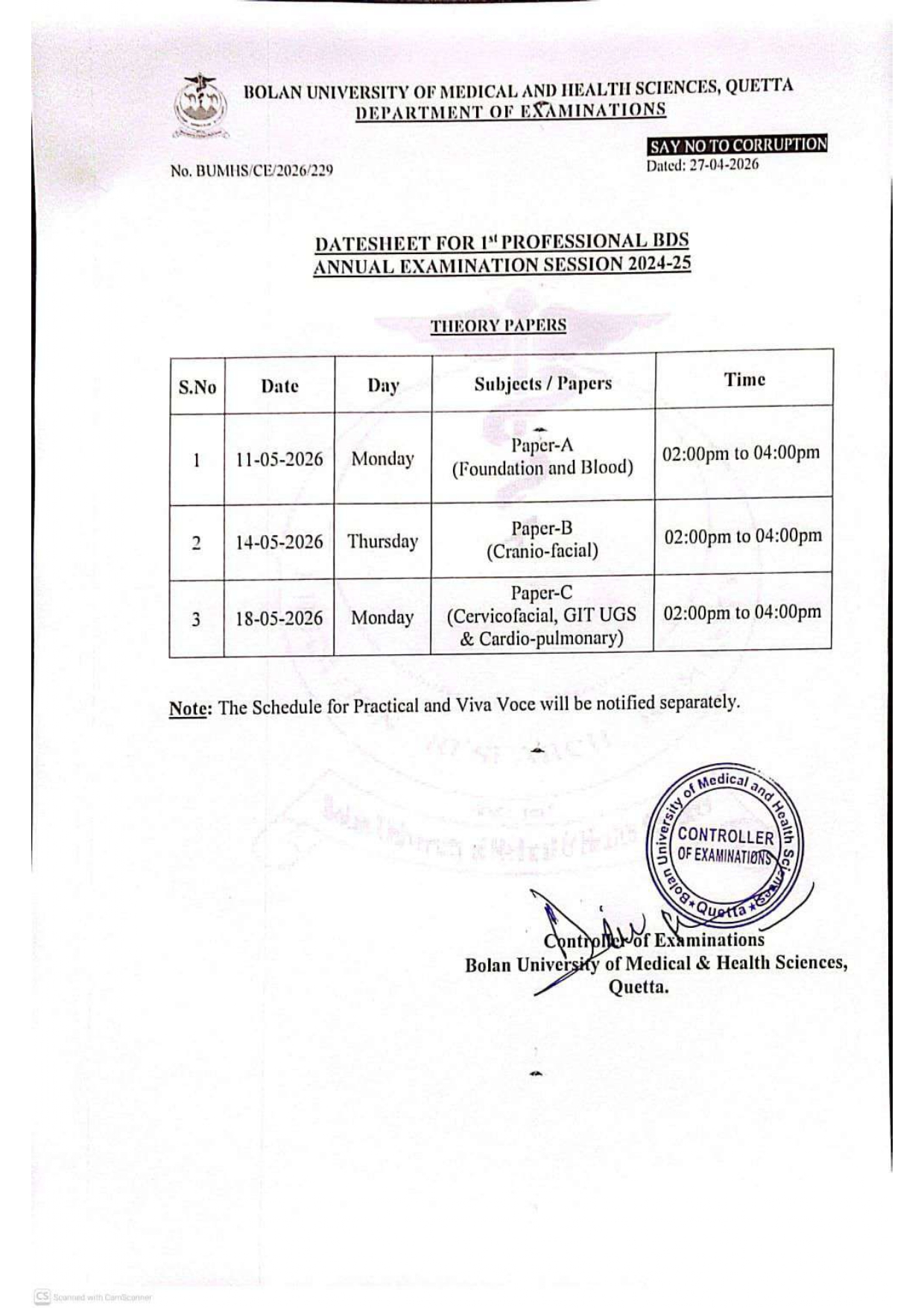 BUMHS Date Sheet 2026 Released for MBBS and BDS Exams