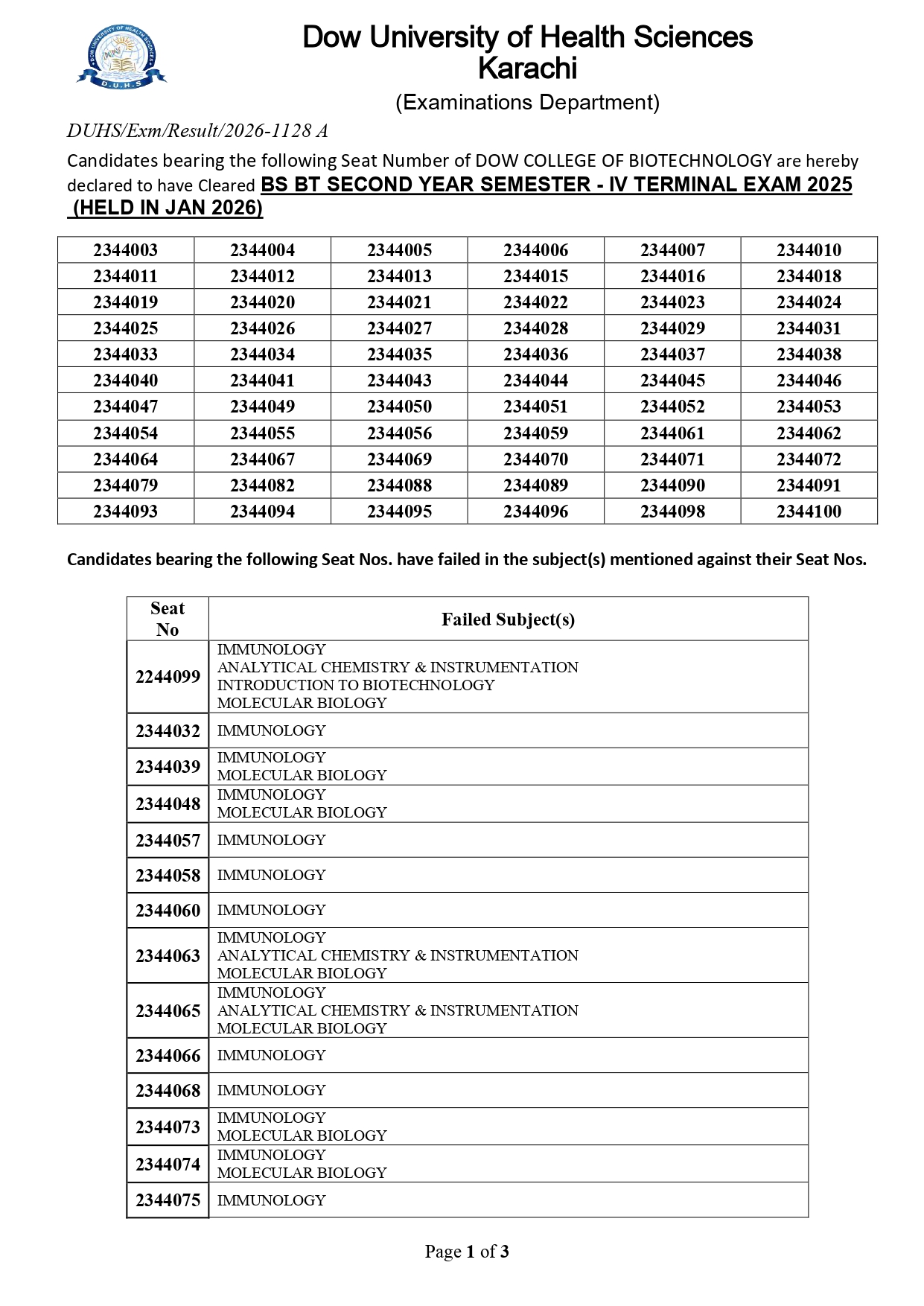 DUHS BS Programs Result 2026 Announced
