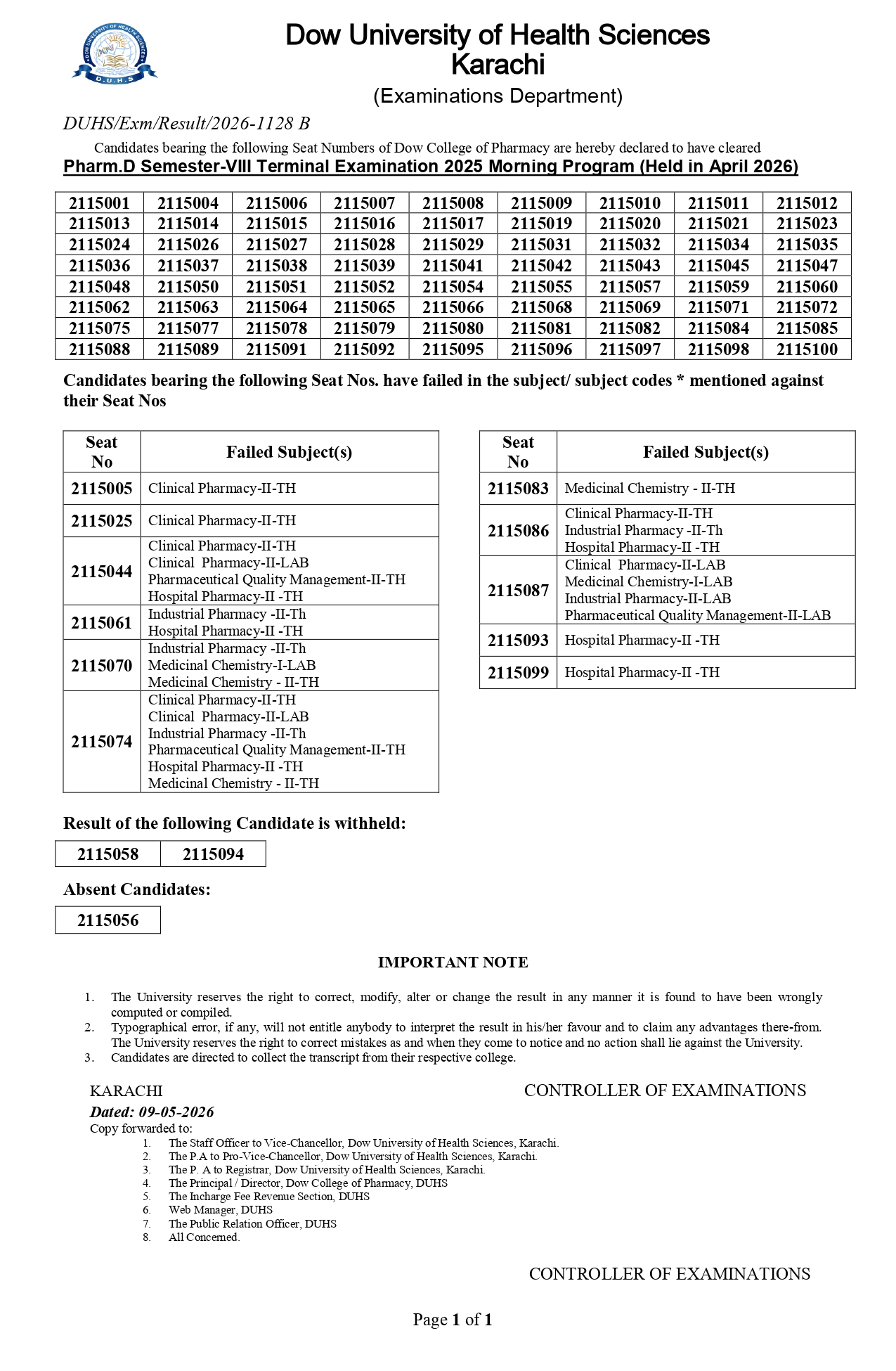 DUHS Result 2026 Announced for PharmD Exams