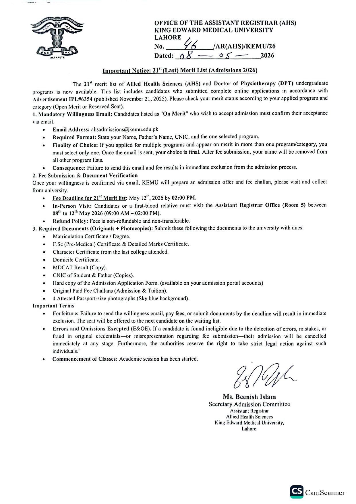 KEMU 21st Merit List Notice 2026 Announced