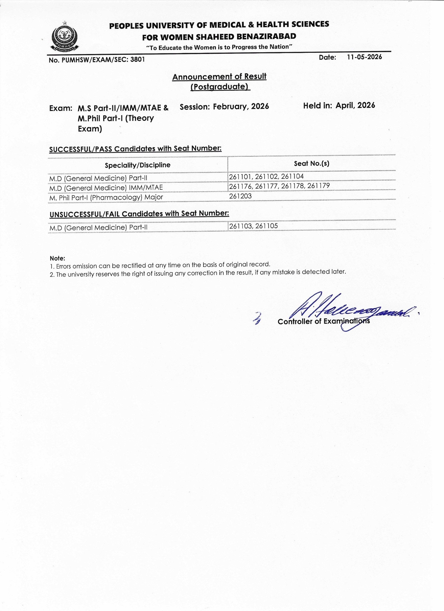 PUMHS Result 2026 for Postgraduate Programs Exams Announced