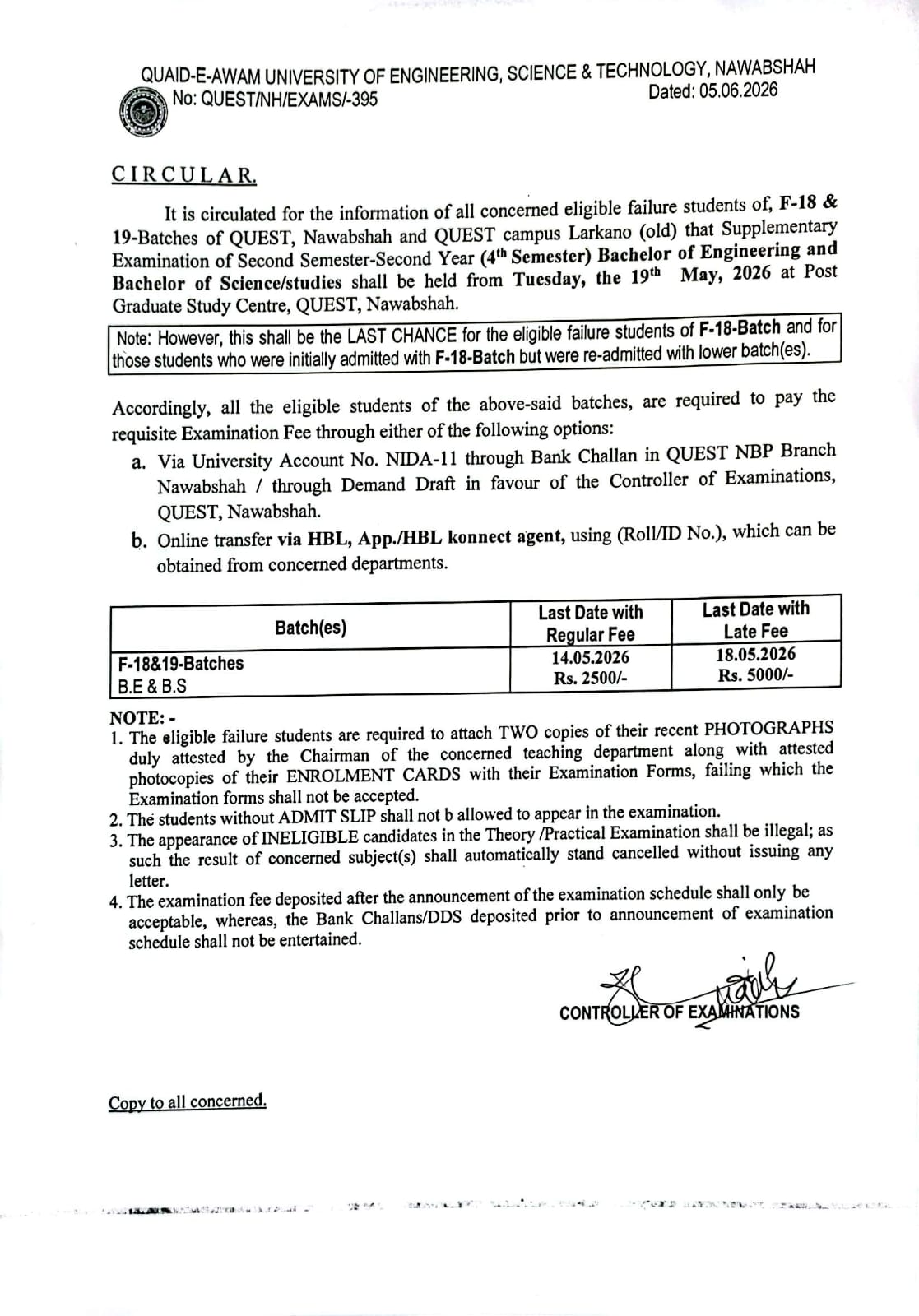 QUEST Exam Form & Fee Notice 2026 for BE and BS Students Released