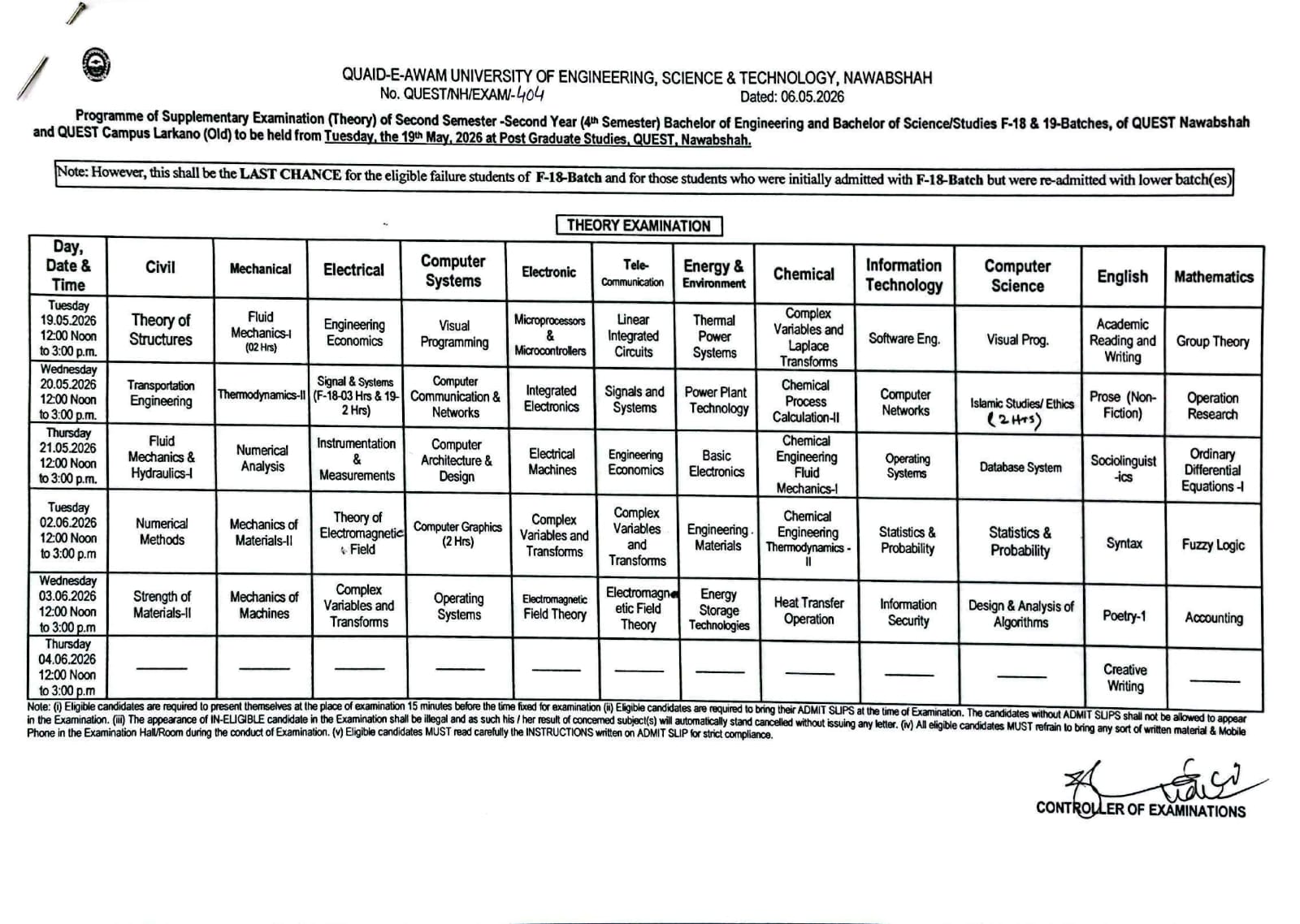 QUEST Announces Date Sheet 2026 for BE & BS Supplementary Exams
