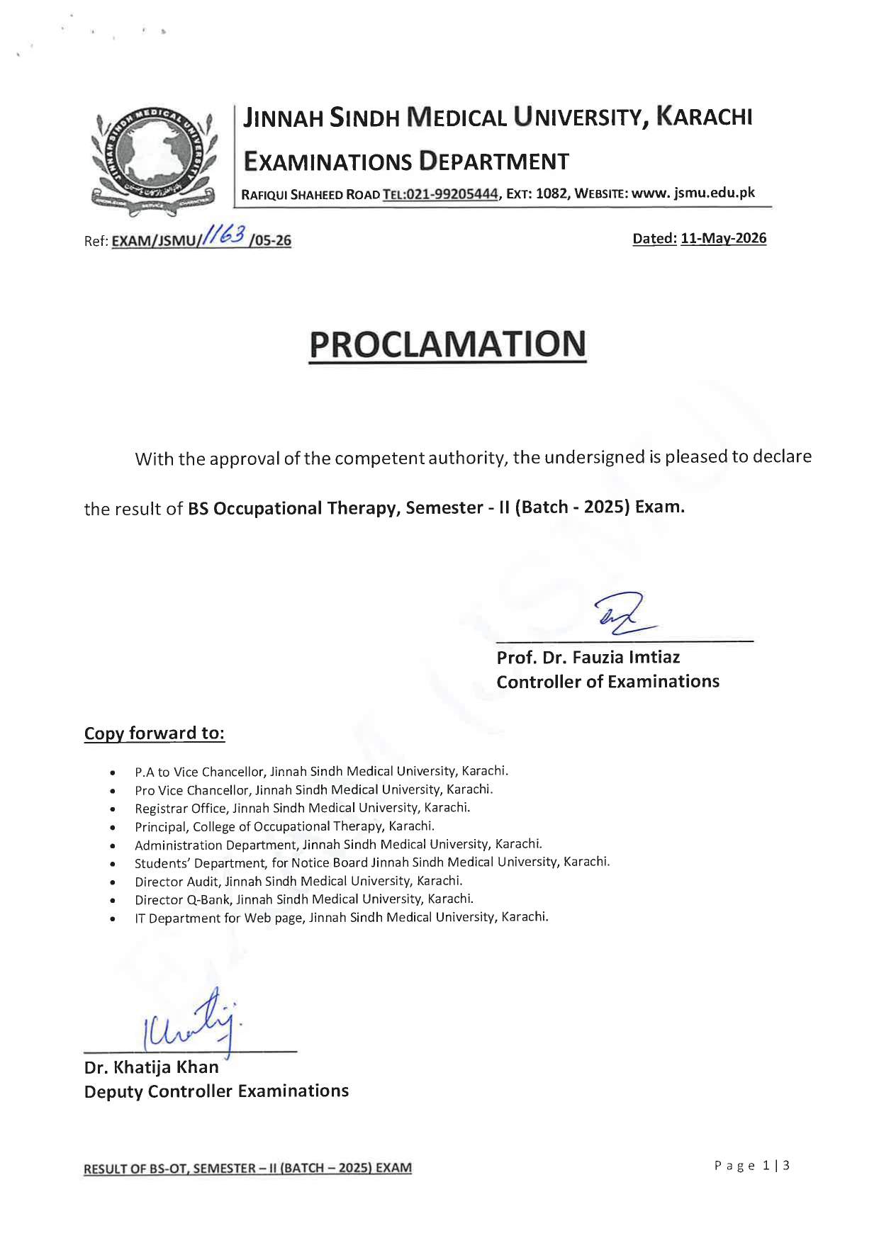 JSMU Releases Result 2026 for BS Occupational Therapy Semester II Batch 2025 JSMU Releases Result 2026 for BS Occupational Therapy Semester II Batch 2025