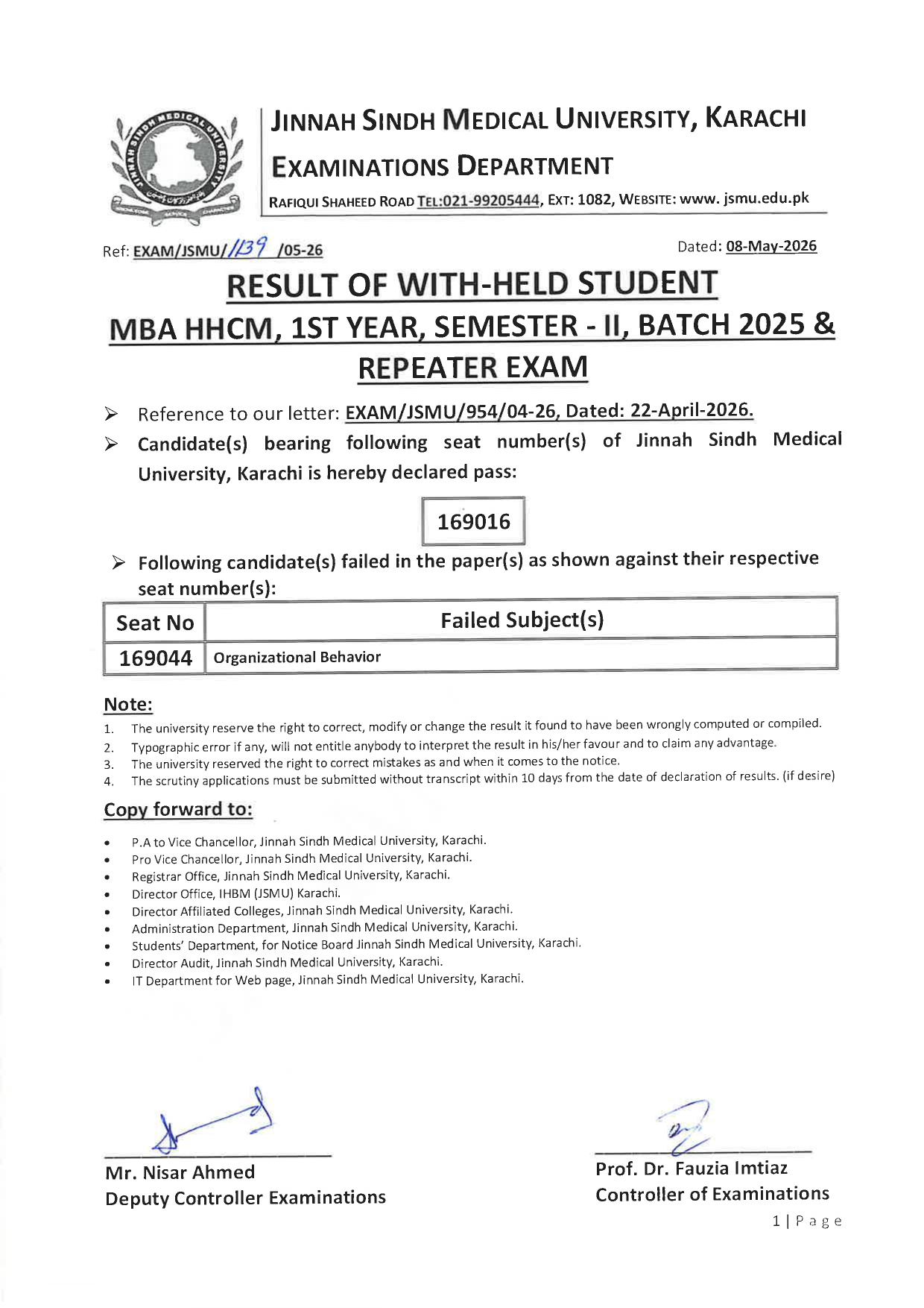 JSMU MBA HHCM Withheld Student Semester II Exam Result 2026 Announced