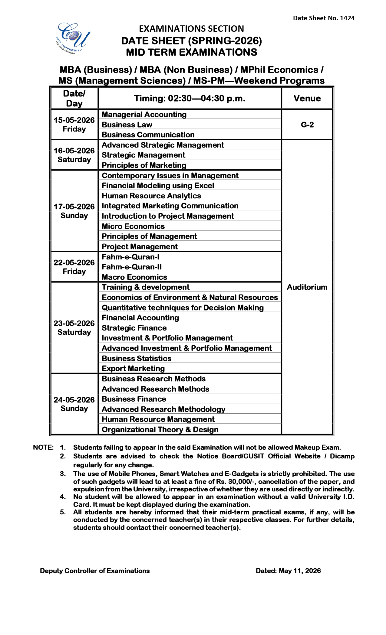 CUSIT Date Sheet 2026 Announced for Postgraduate Exams CUSIT Date Sheet 2026 Announced for Postgraduate Exams