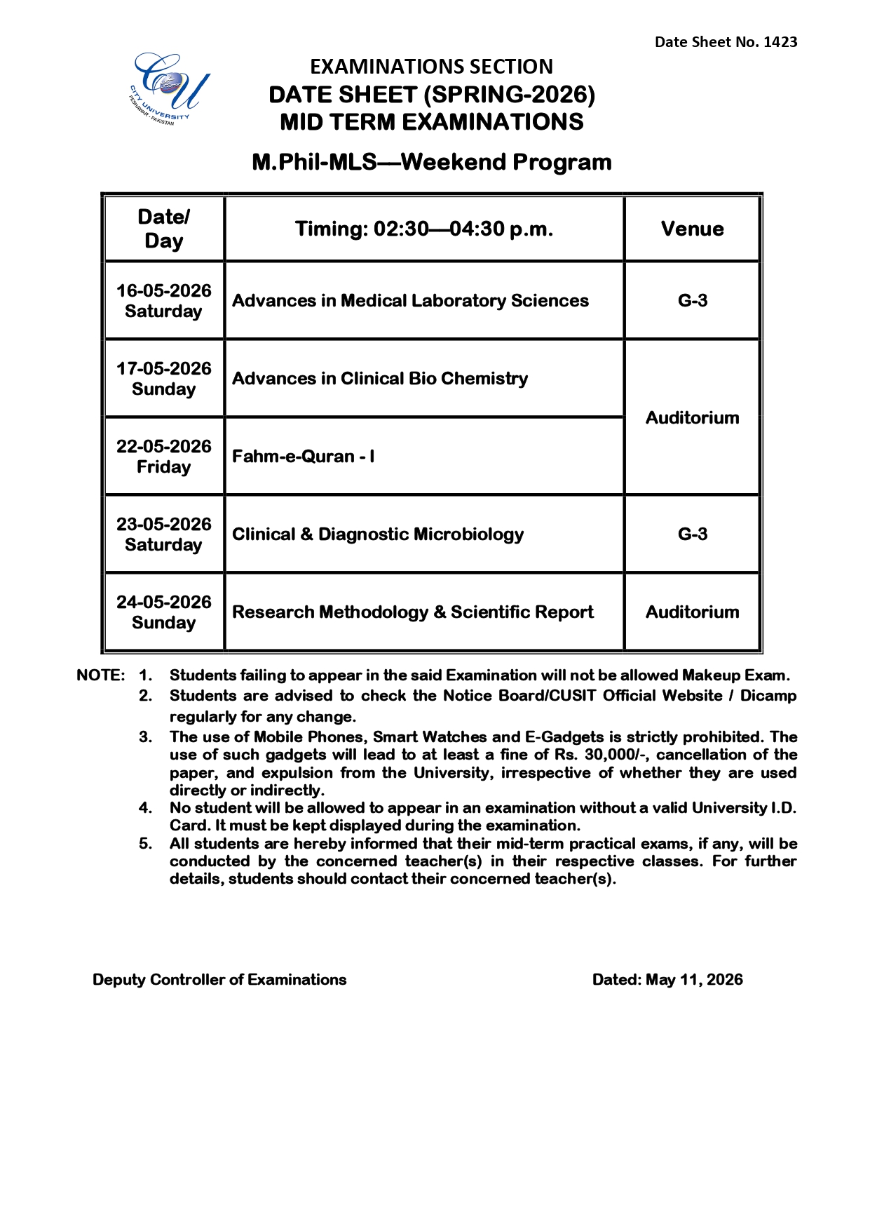 CUSIT Announces MPhil Program Date Sheet 2026 CUSIT Announces MPhil Program Date Sheet 2026