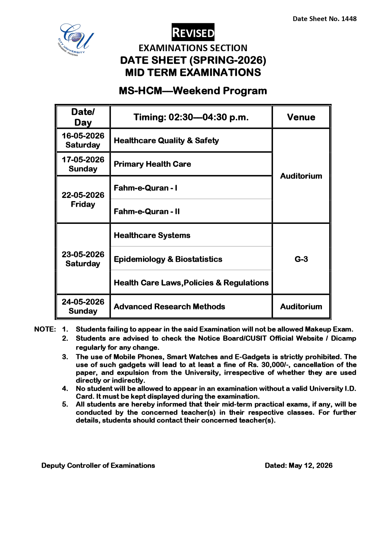 CUSIT Date Sheet 2026 for MSCS, MSDS & MSHCM Programs Released