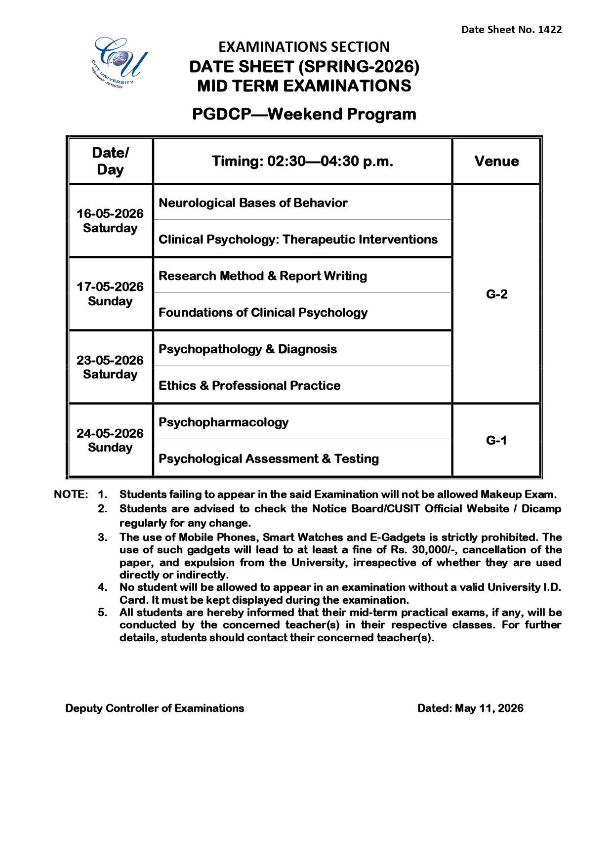 CUSIT Announces PGDCP Spring 2026 Date Sheet for Mid-Term Exams CUSIT Announces PGDCP Spring 2026 Date Sheet for Mid-Term Exams