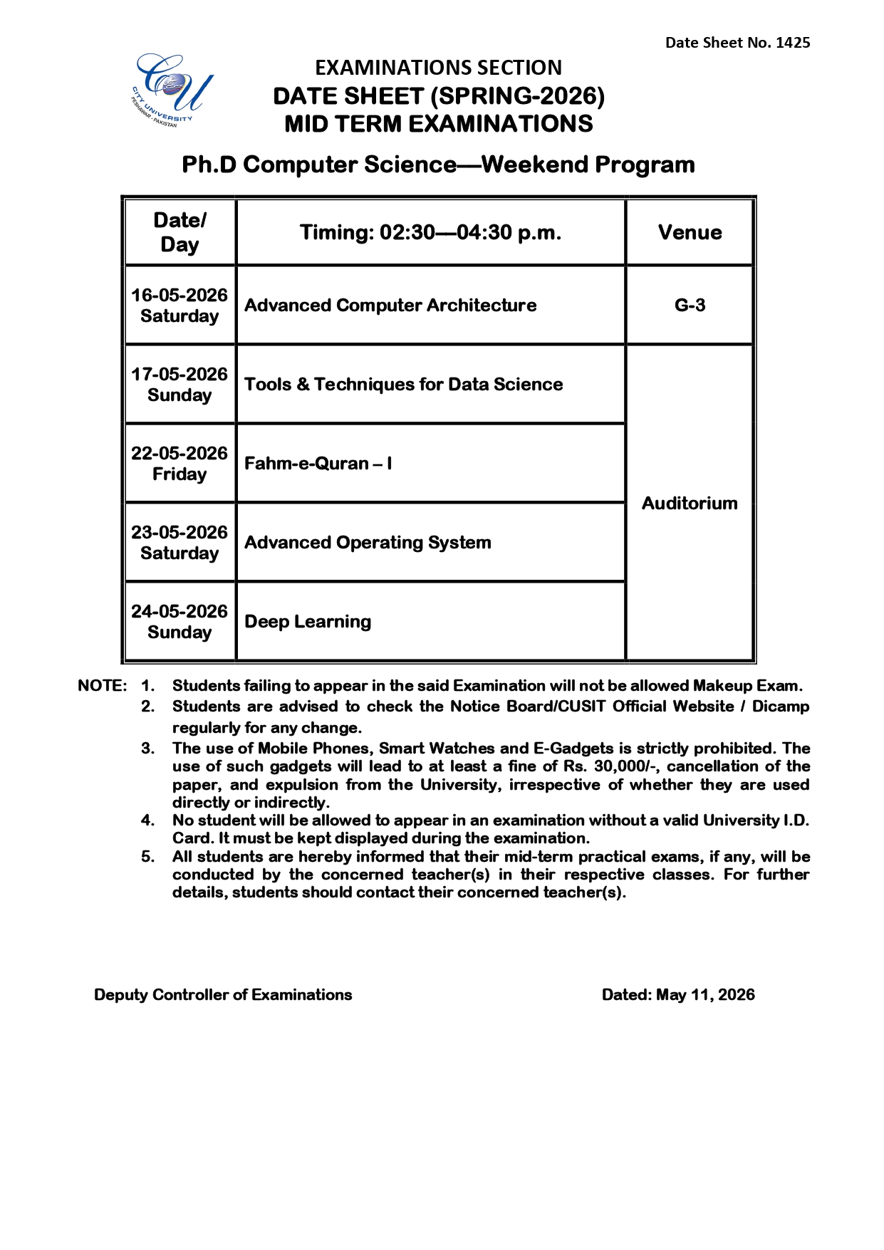 CUSIT Releases PhD Date Sheet 2026 for CS & Management Sciences Exams