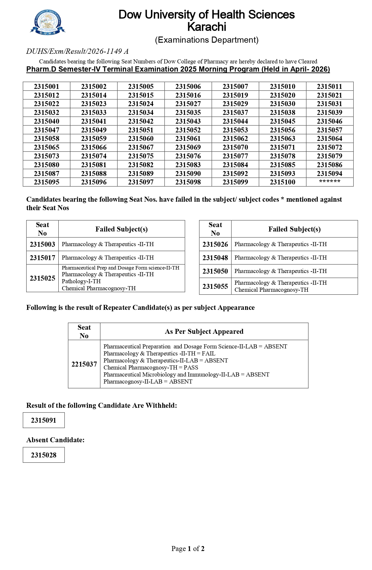 DUHS Result 2026 Announced for PharmD Programs Exams