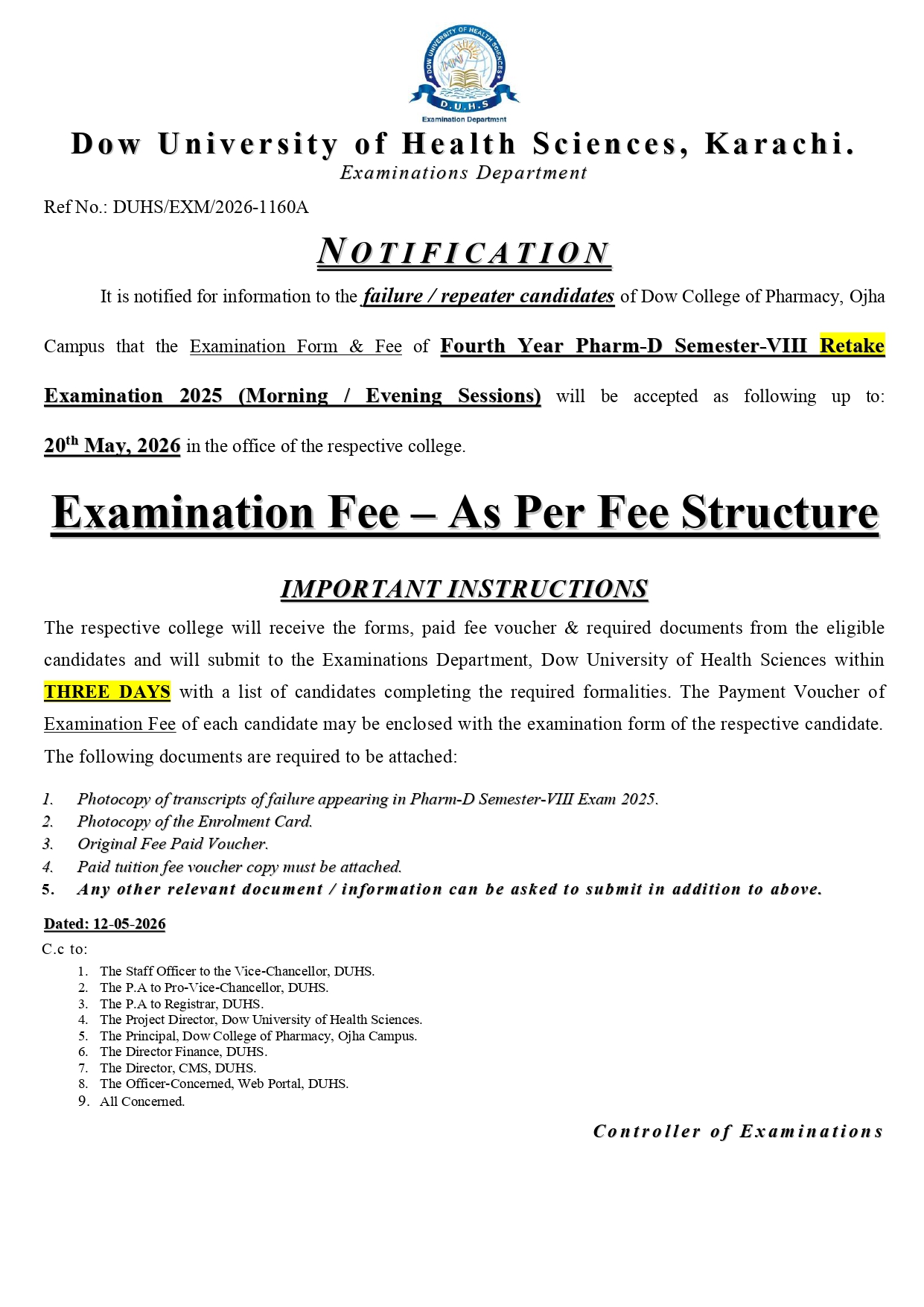 DUHS Announces Pharm-D Semester VIII Retake Exam Form & Fee Notice 2026 DUHS Announces Pharm-D Semester VIII Retake Exam Form & Fee Notice 2026