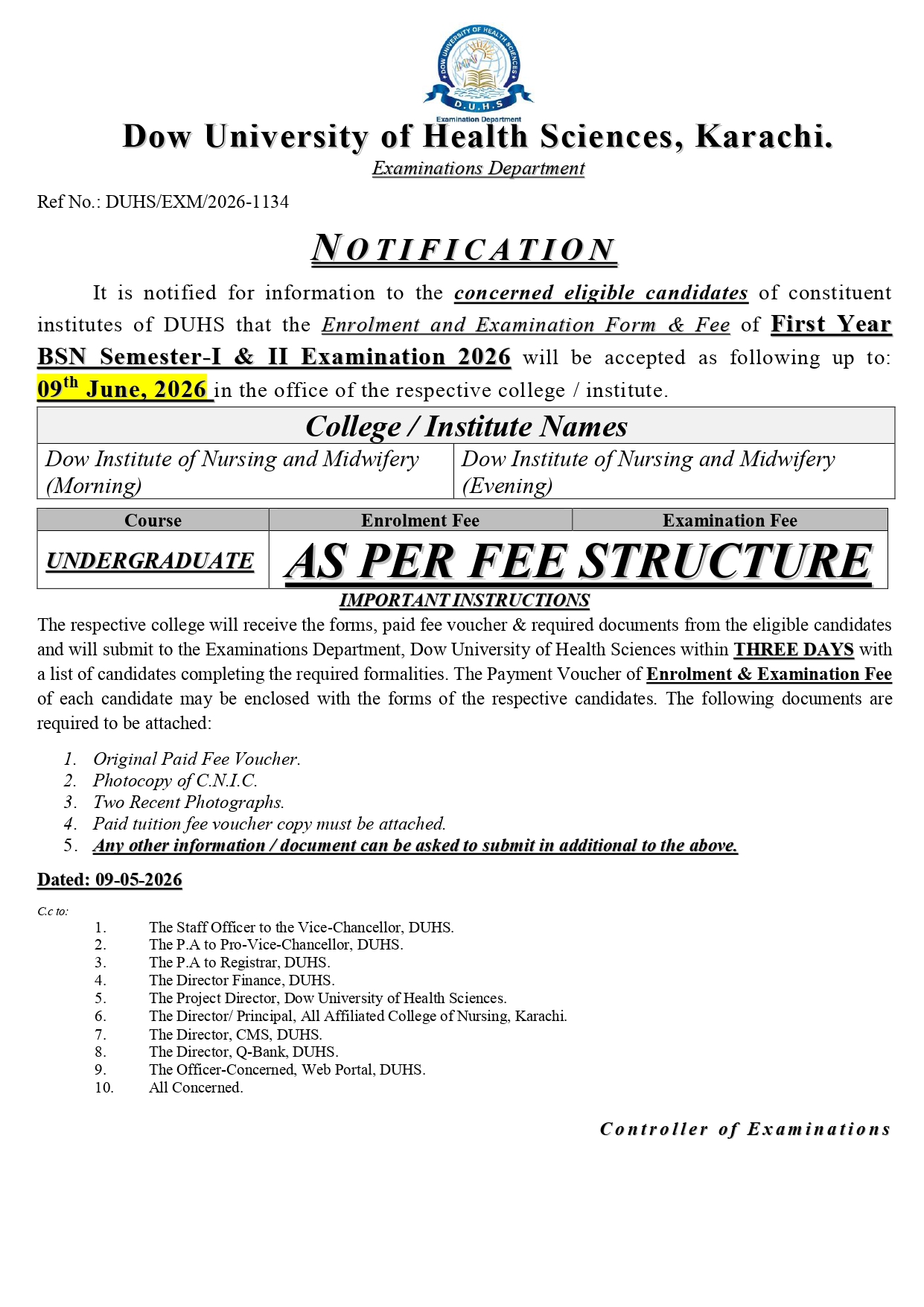 DUHS Announces BSN Exam Form & Fee Notice 2026 DUHS Announces BSN Exam Form & Fee Notice 2026