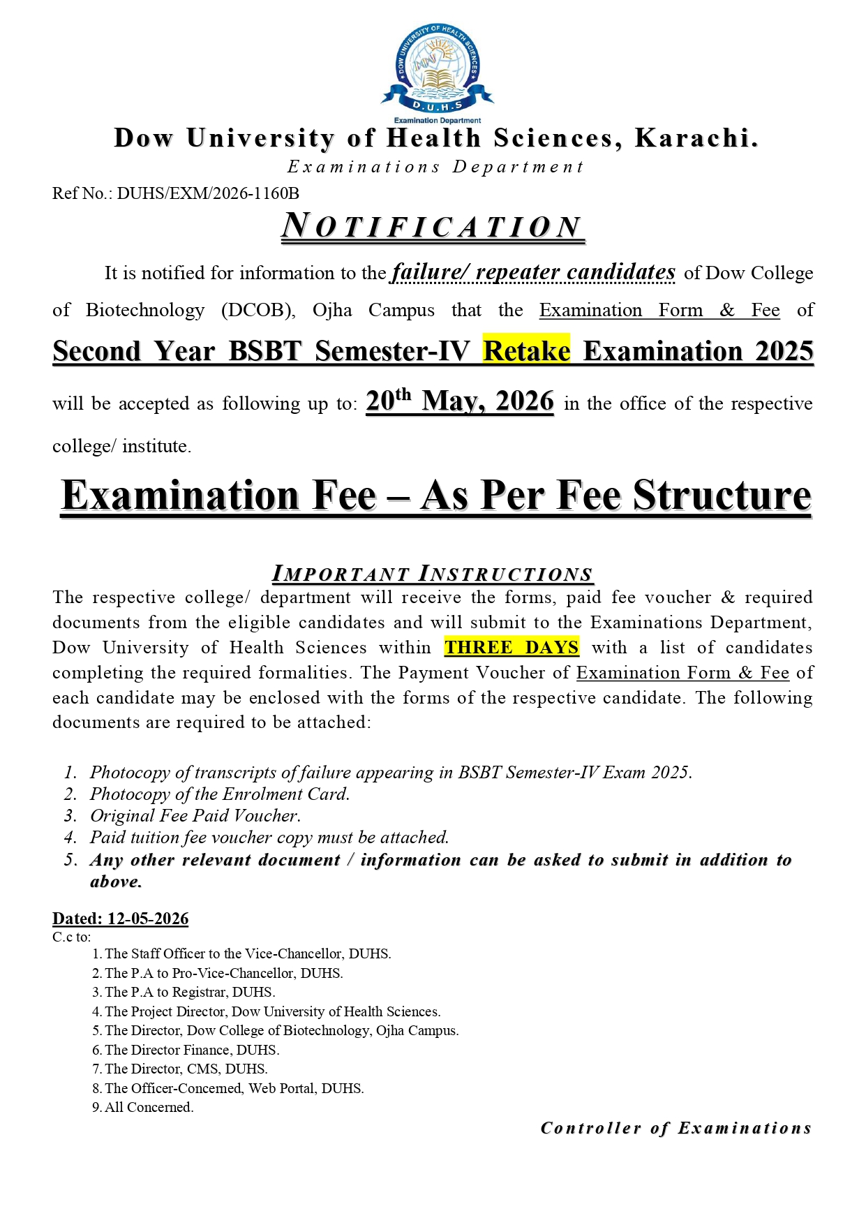DUHS Releases BSBT Semester IV Retake Exam Form & Fee Notice 2026