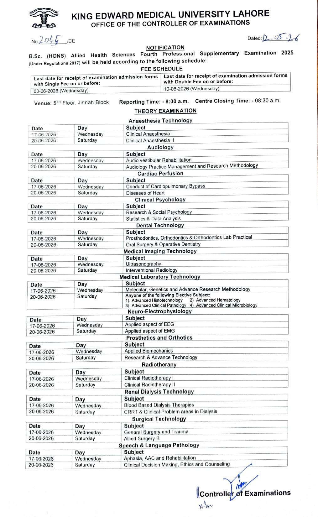 KEMU Date Sheet 2026 for BSc AHS Programs Exams Released