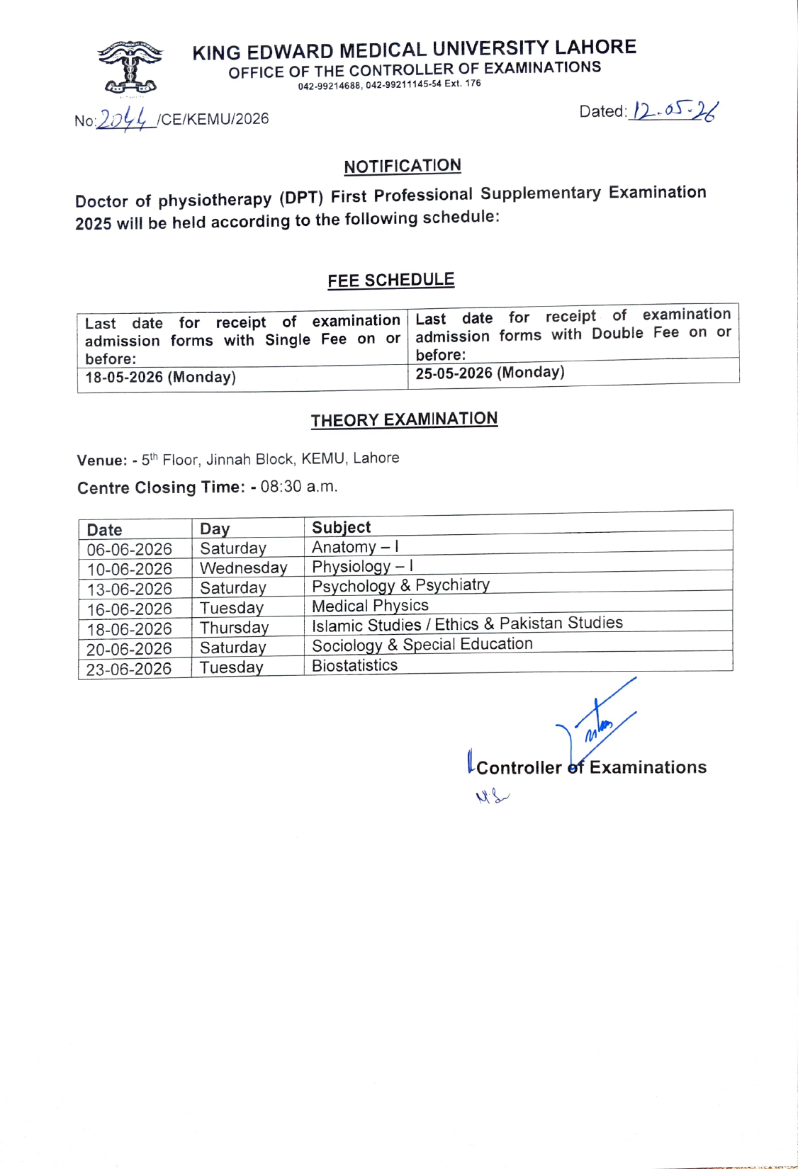 KEMU Announces DPT First Professional Supplementary Date Sheet 2026