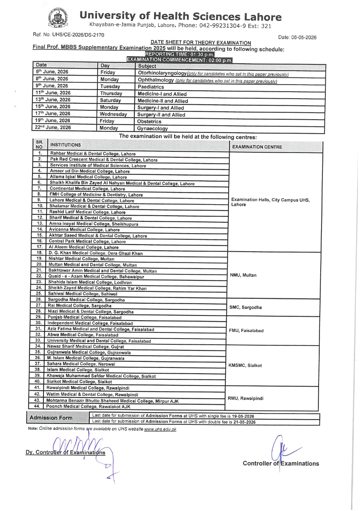 UHS Date Sheet 2026 Released for Final Prof MBBS Supplementary Exams UHS Date Sheet 2026 Released for Final Prof MBBS Supplementary Exams