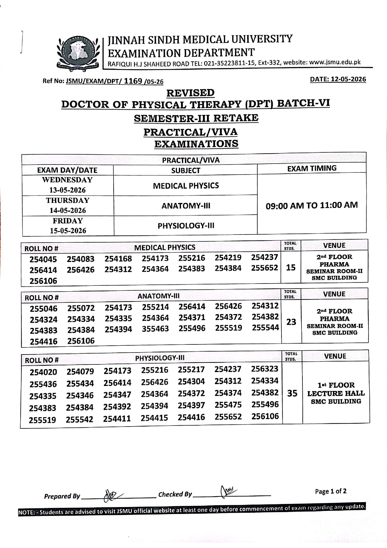 JSMU Date Sheet 2026 Released for DPT Exams