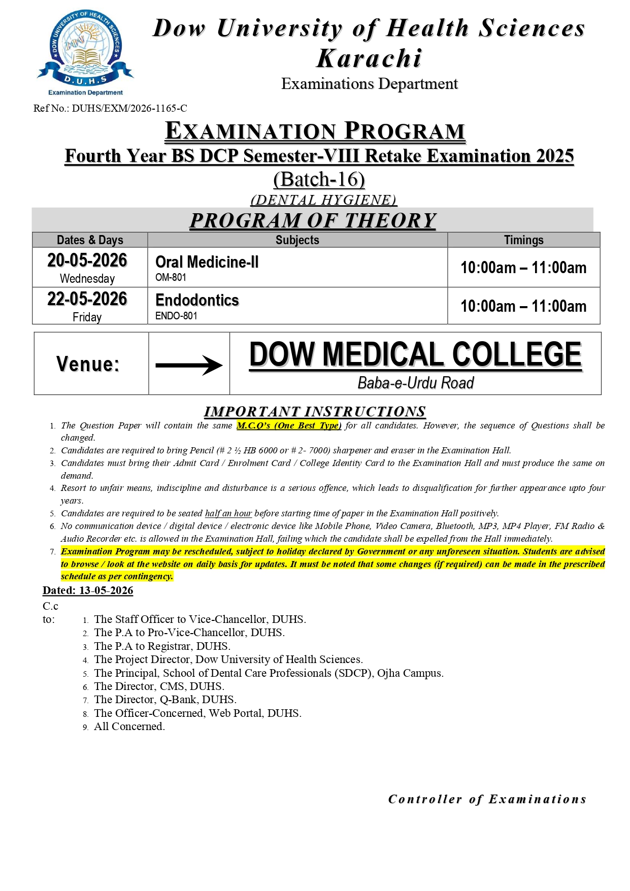 DUHS Date Sheet 2026 for BS DCP Retake Exams Released DUHS Date Sheet 2026 for BS DCP Retake Exams Released