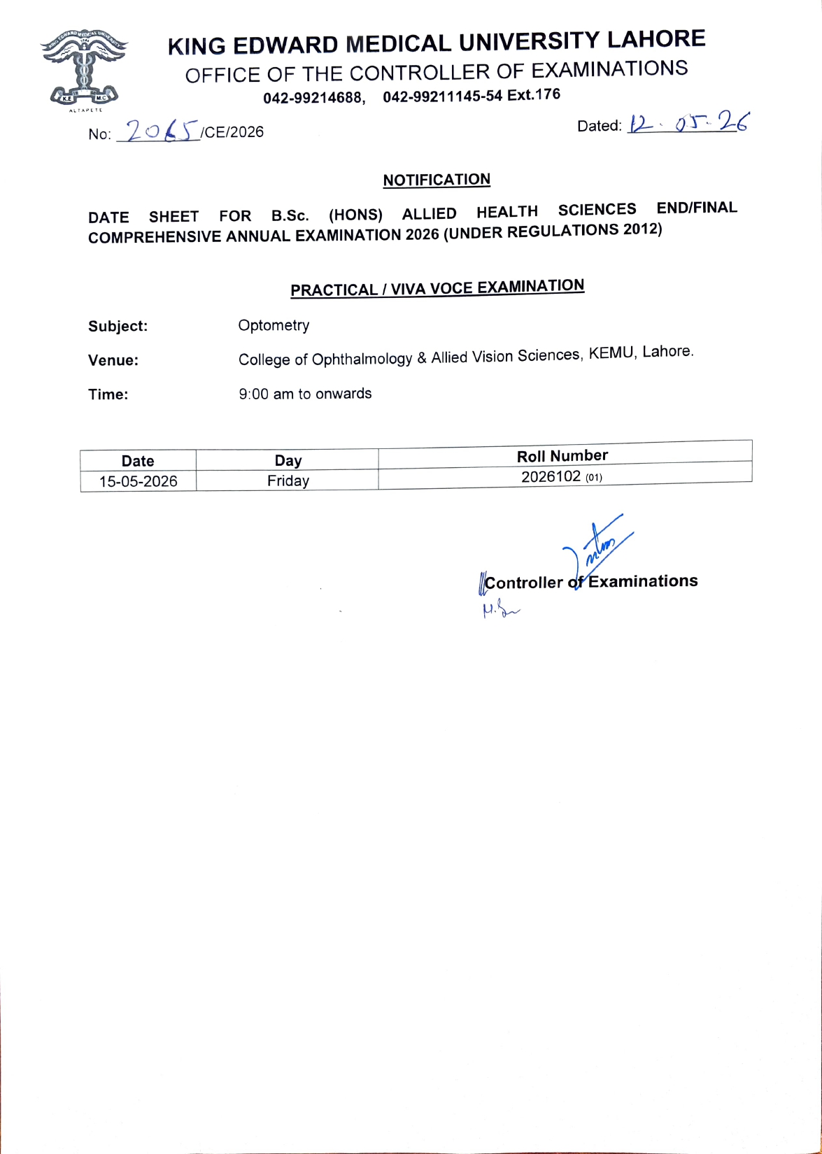 KEMU Releases Date Sheet 2026 for BSc Hons AHS Program Exams