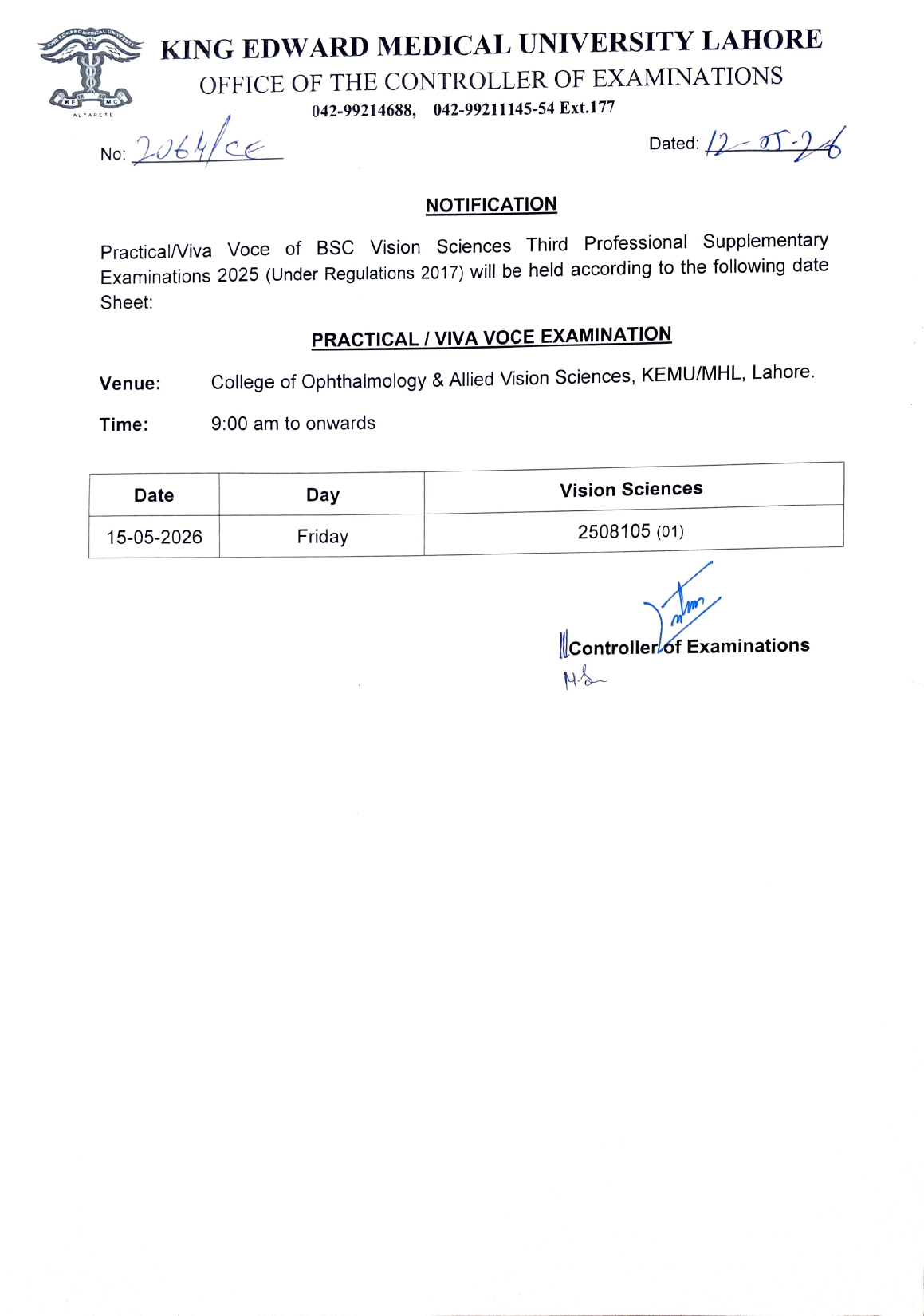 KEMU BSC Vision Sciences Supplementary Exams Date Sheet 2026 Released