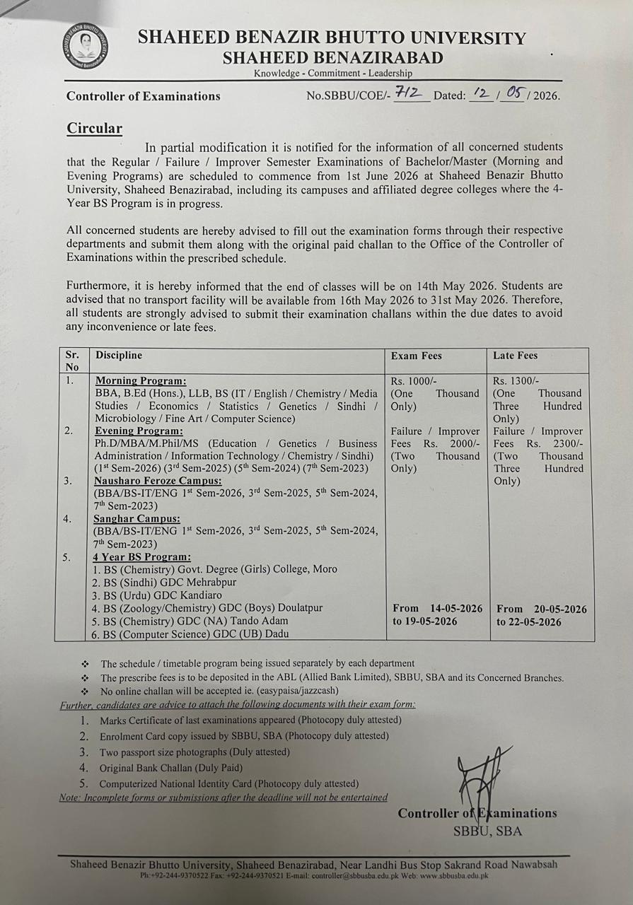 SBBU Exam Form & Fee Notice 2026 for UG & PG Programs Released