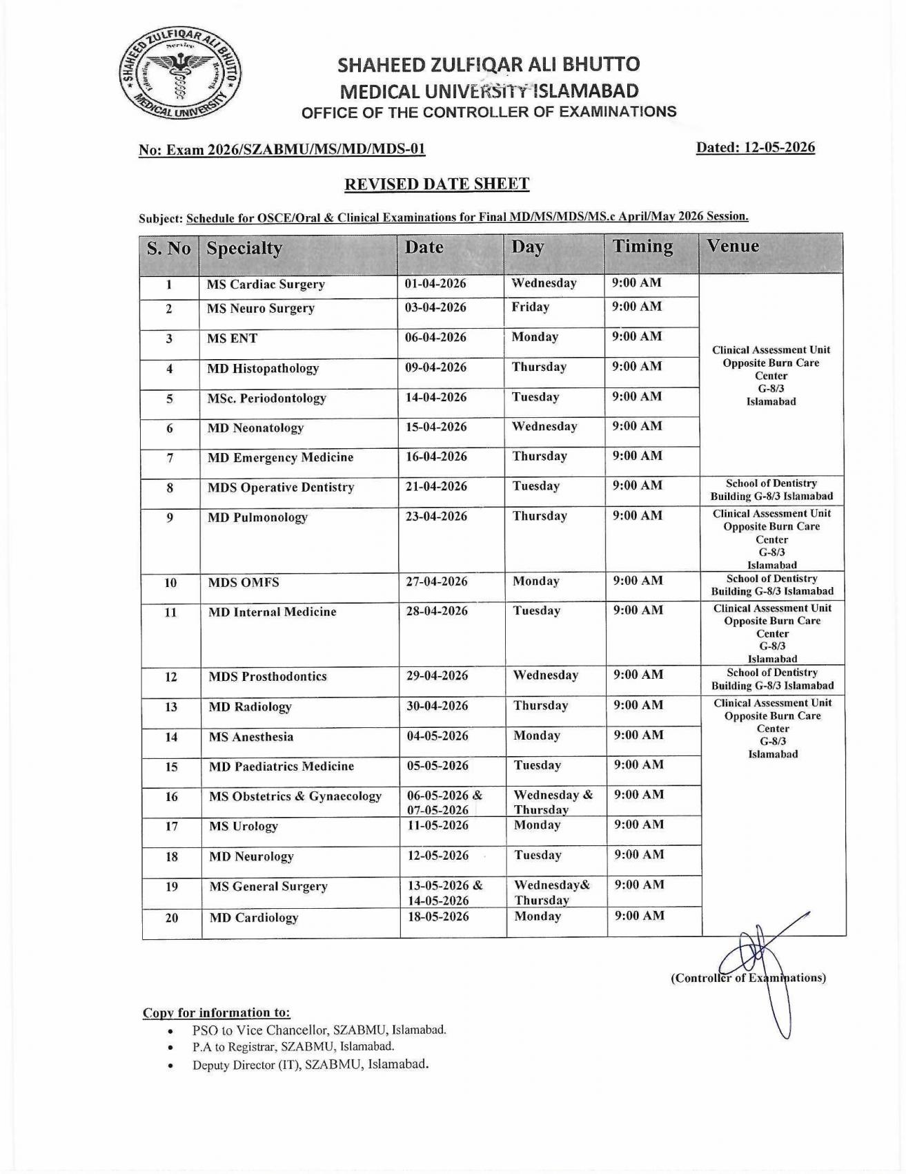 SZABMU Revised Date Sheet 2026 for MD, MS & MDS Exams Announced
