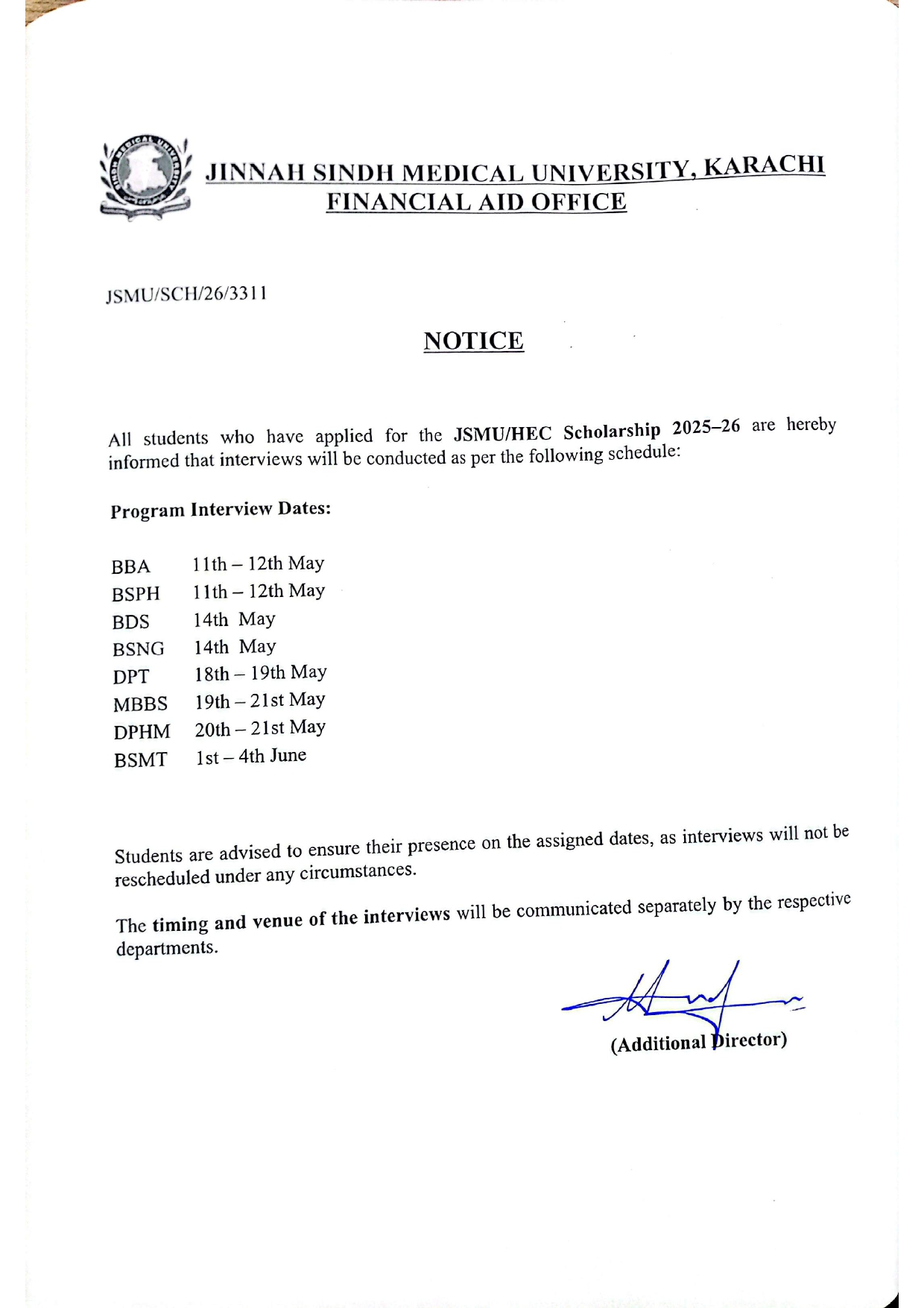 JSMU Scholarship Interview Schedule Notice 2026 Released