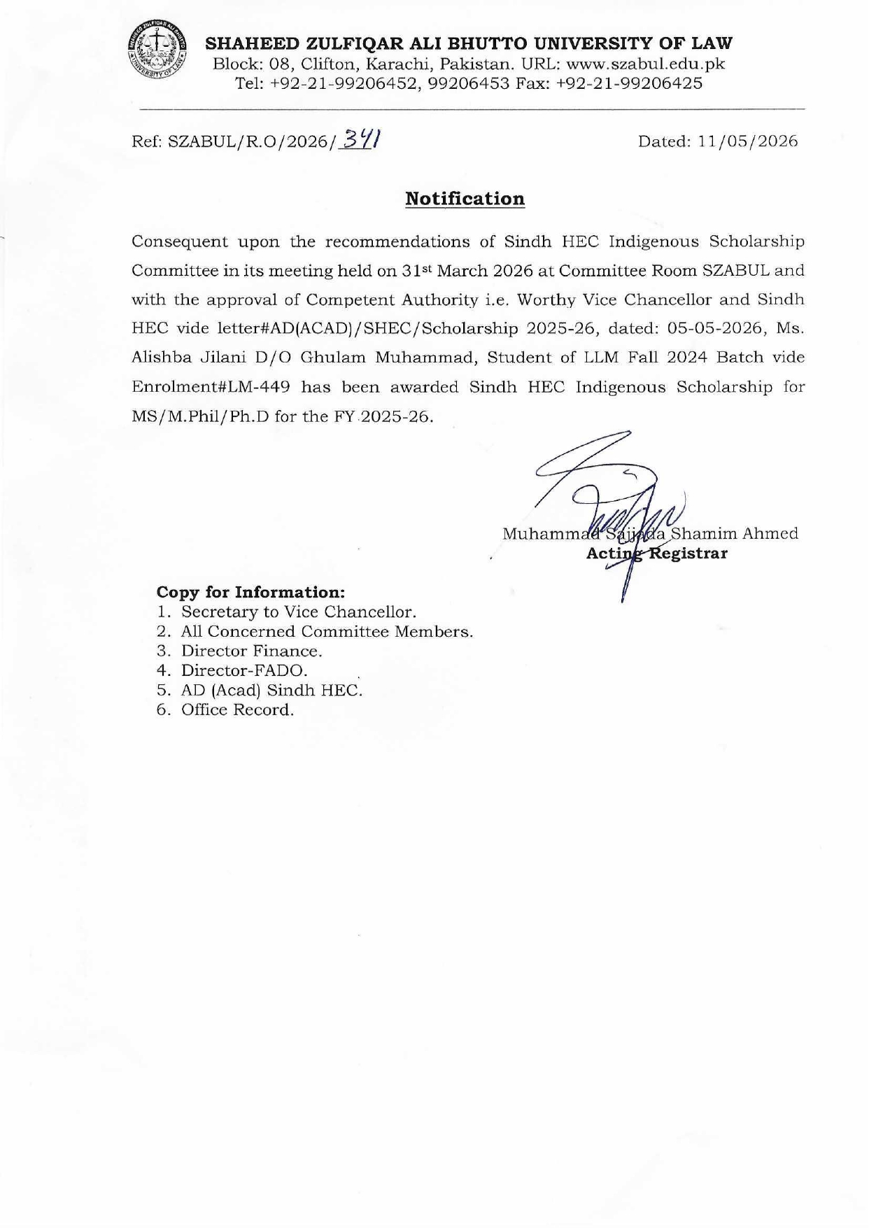 SZABUL Announces Sindh HEC Indigenous Scholarship Award Notice 2026