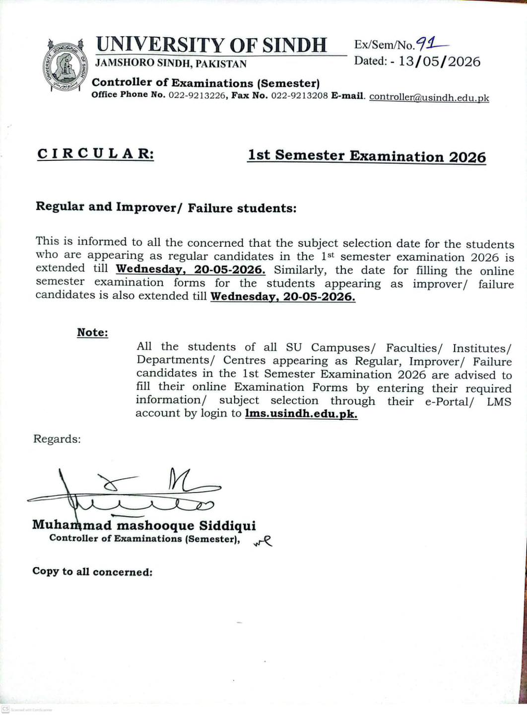 USindh Issues Exam Notice 2026 for 1st Semester Exams