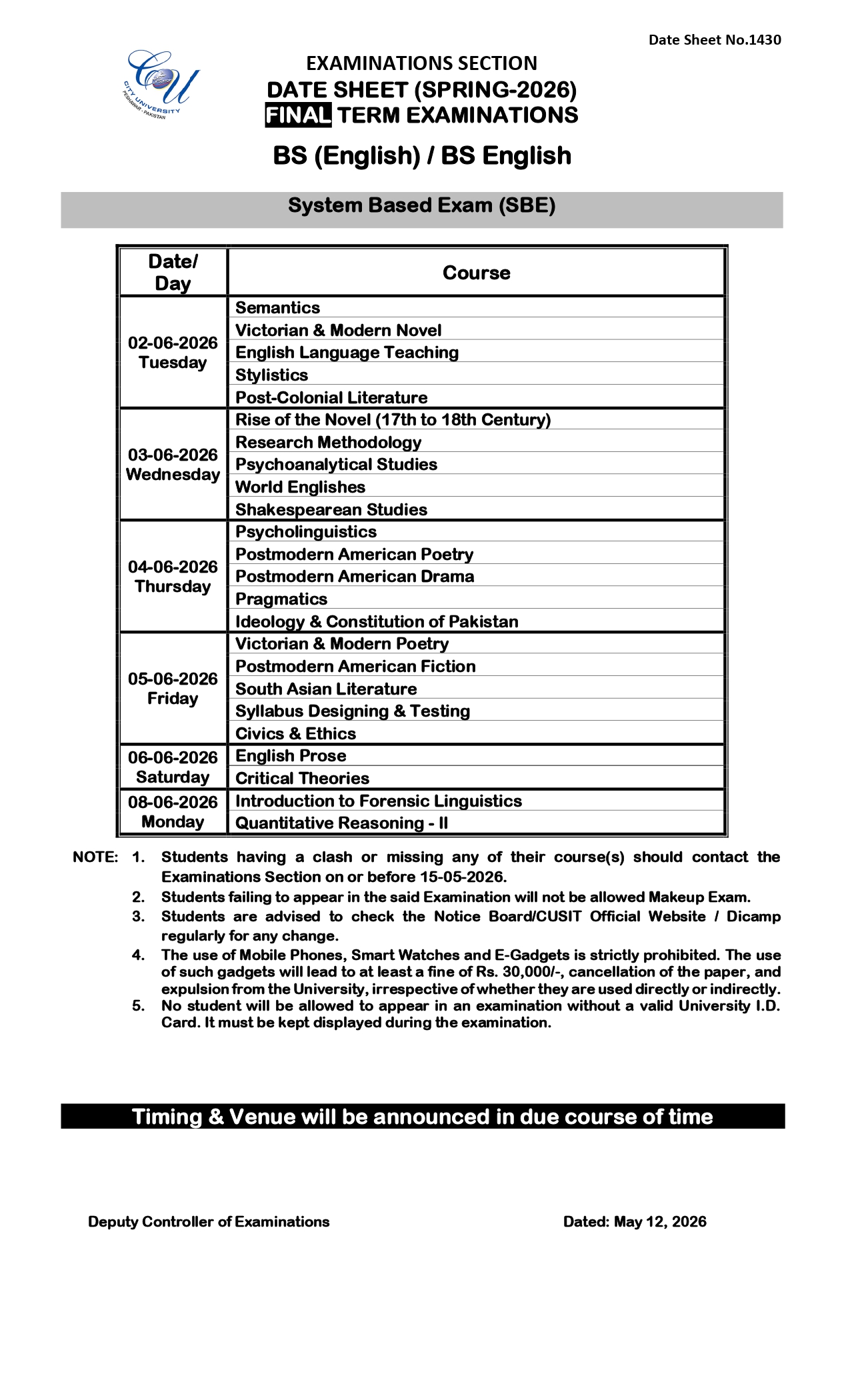 CUSIT Date Sheet 2026 Released for BS English Final Term Exams