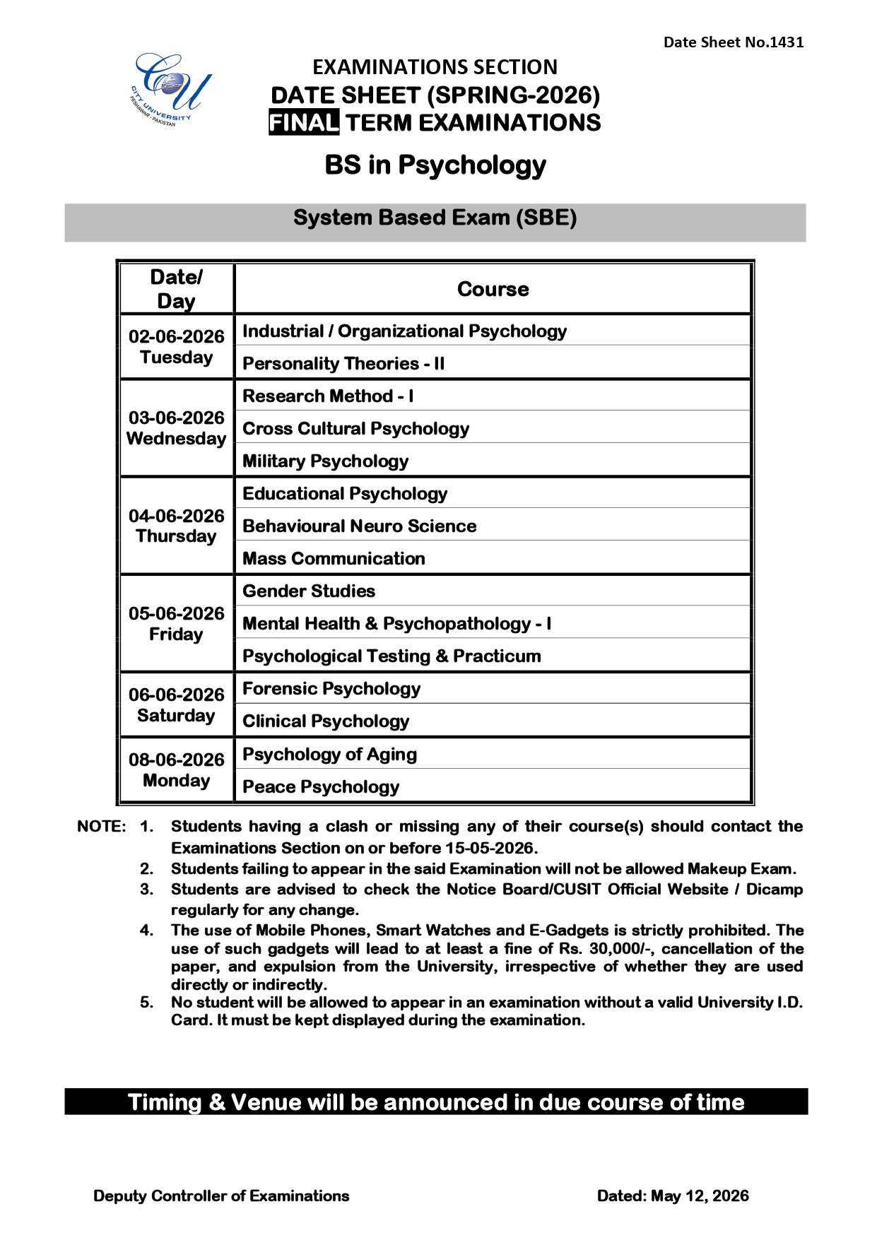 CUSIT Date Sheet 2026 Announced for BS Psychology Final Exams CUSIT Date Sheet 2026 Announced for BS Psychology Final Exams