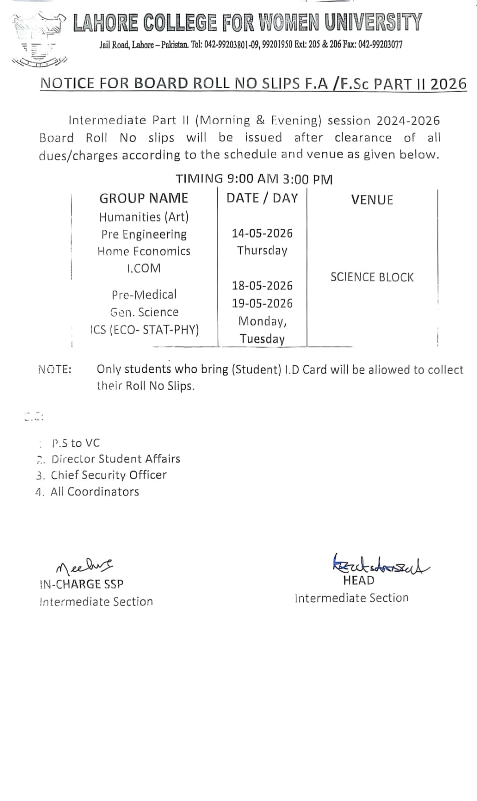 LCWU Releases Roll No Slips Notice 2026 for FA FSc Part II LCWU Releases Roll No Slips Notice 2026 for FA FSc Part II